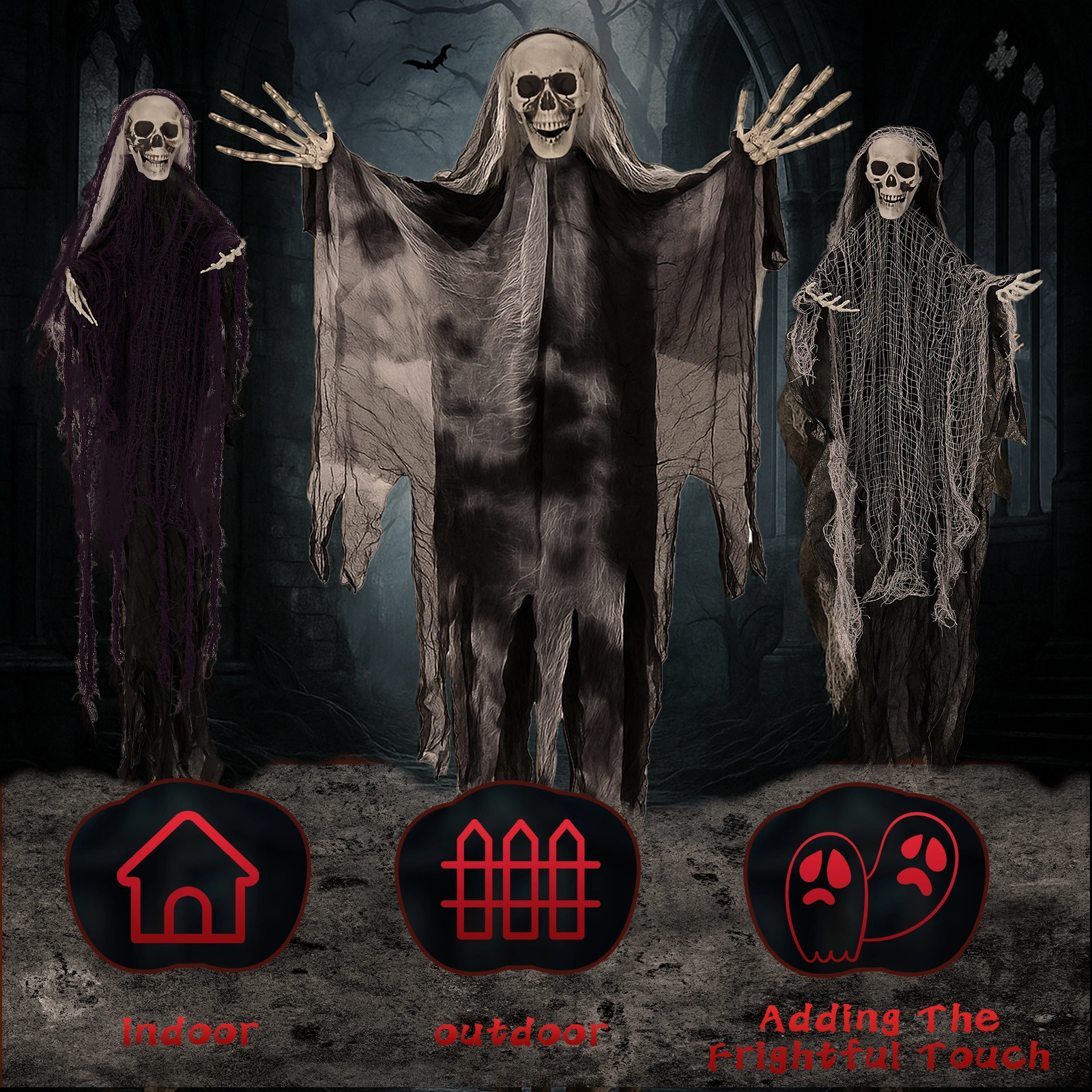 3 Pack Hanging Halloween Skeleton Ghosts Decorations, Grim Reapers for Best Halloween Outdoor Decorations view 5