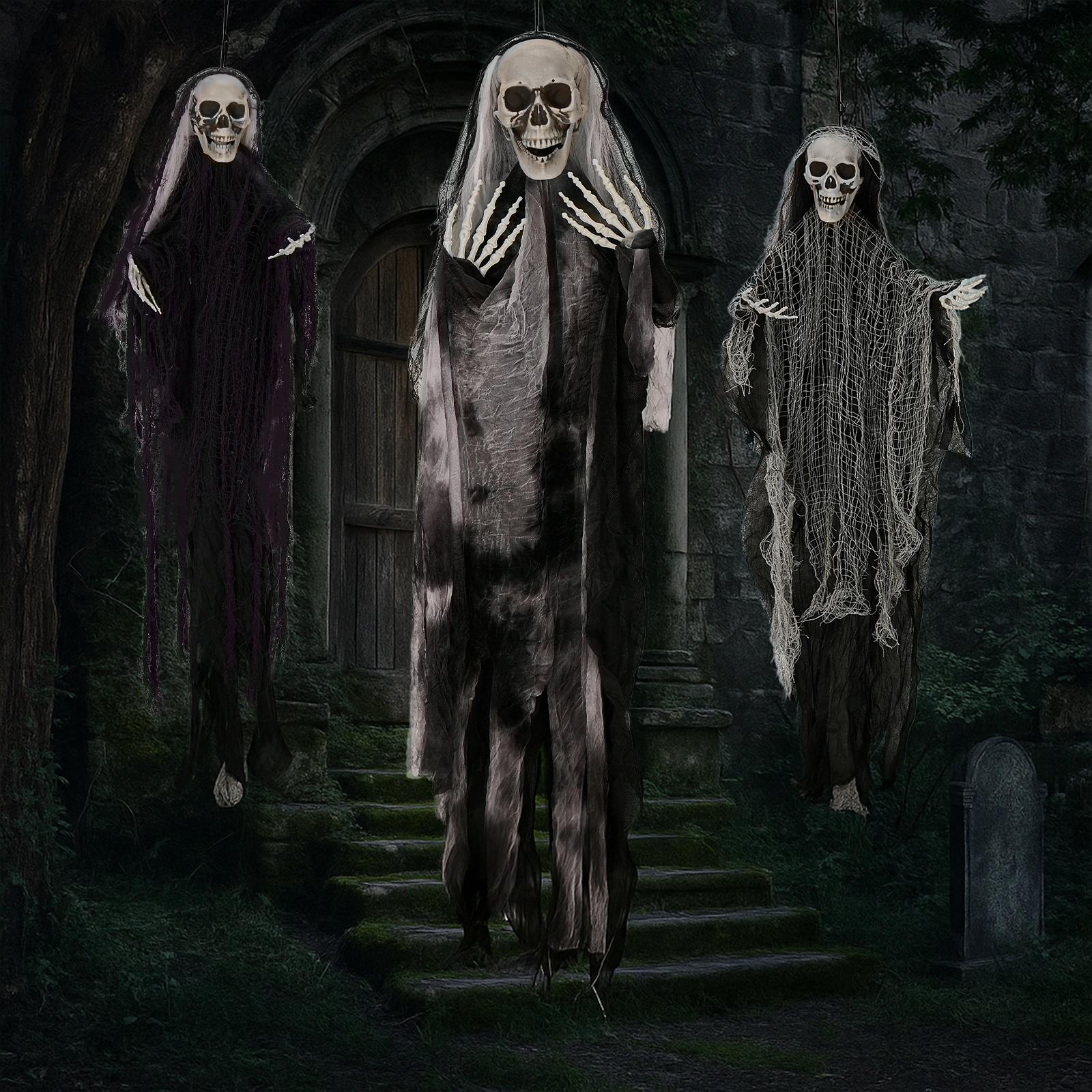 3 Pack Hanging Halloween Skeleton Ghosts Decorations, Grim Reapers for Best Halloween Outdoor Decorations view 7