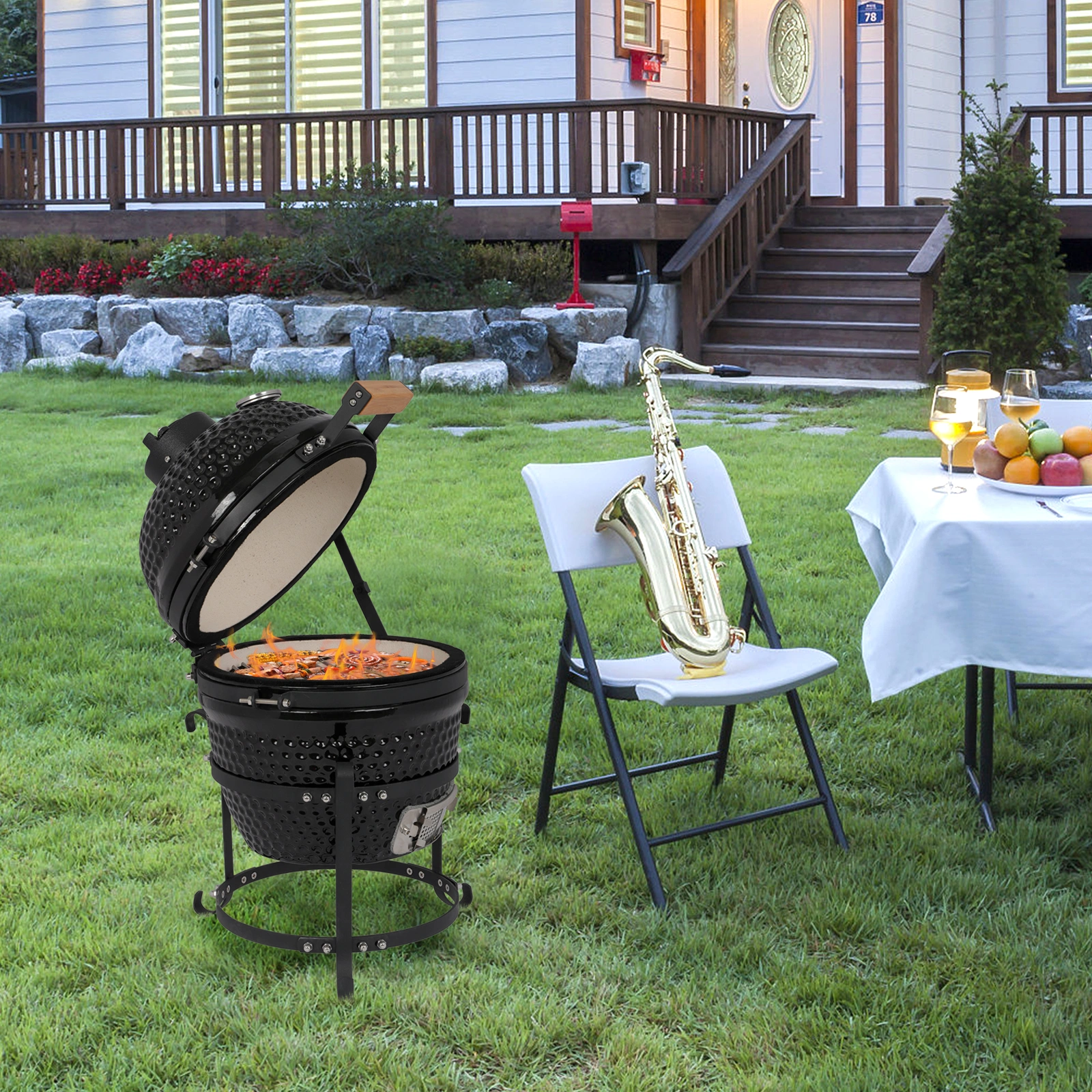 13in Round Ceramic Charcoal Grill, Smokeless Portable BBQ for Outdoor Camping & Backyard, Black view 2