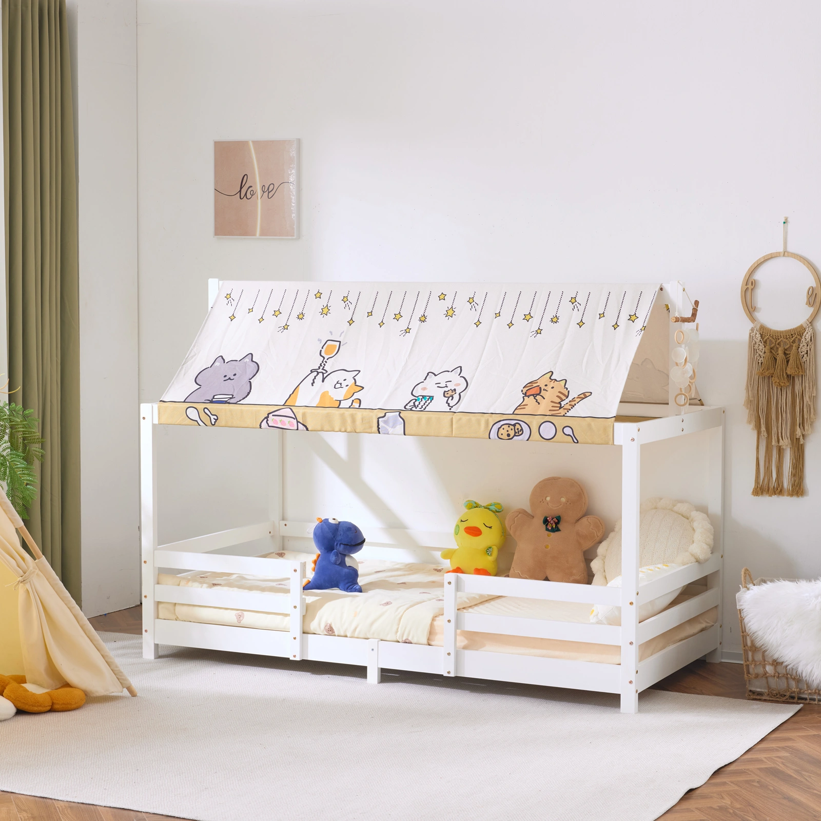 White Painted Pine Wood Kids Bed Frame w/ Fabric Canopy, Children's Wooden Bed, 205x95x141cm