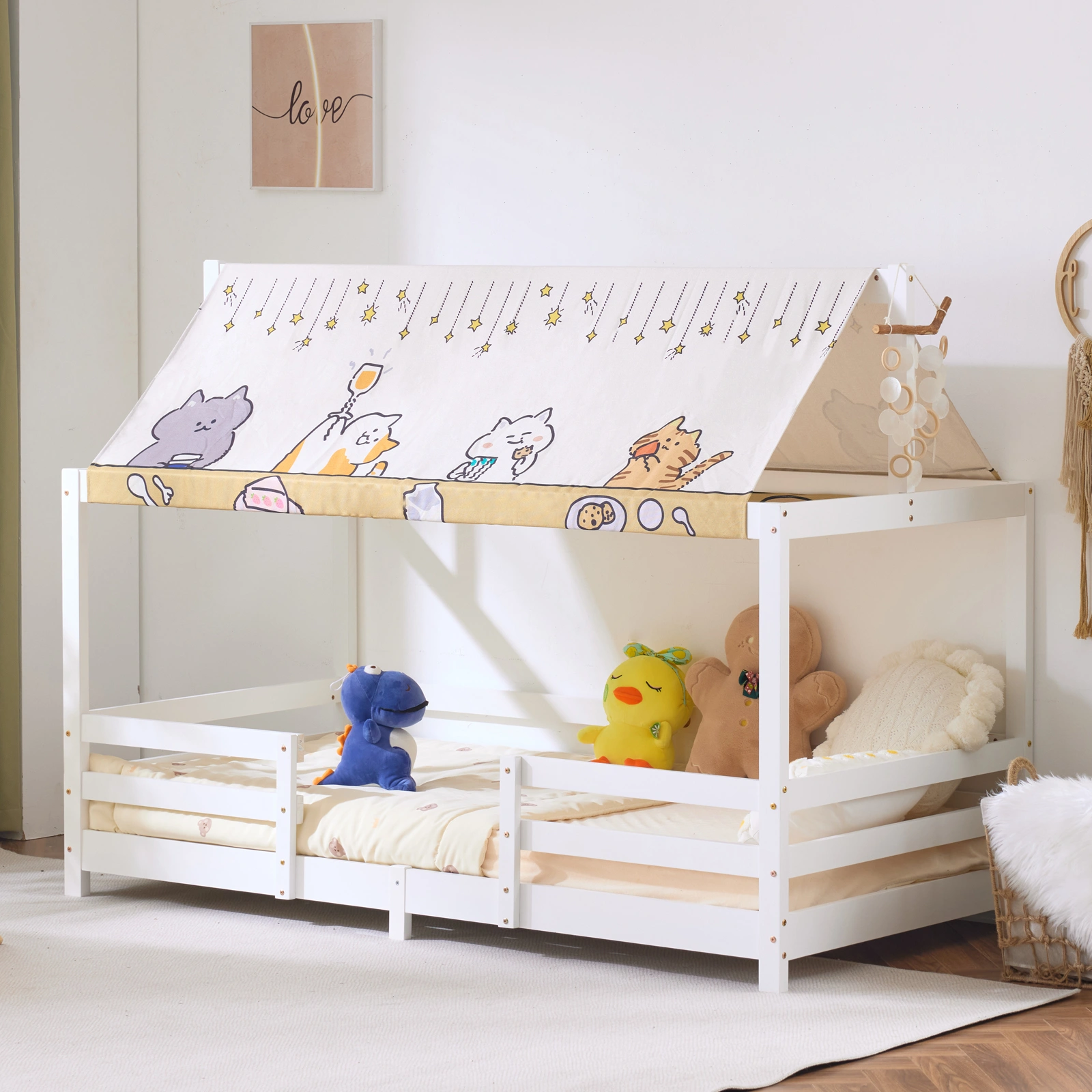White Painted Pine Wood Kids Bed Frame w/ Fabric Canopy, Children's Wooden Bed, 205x95x141cm view 2