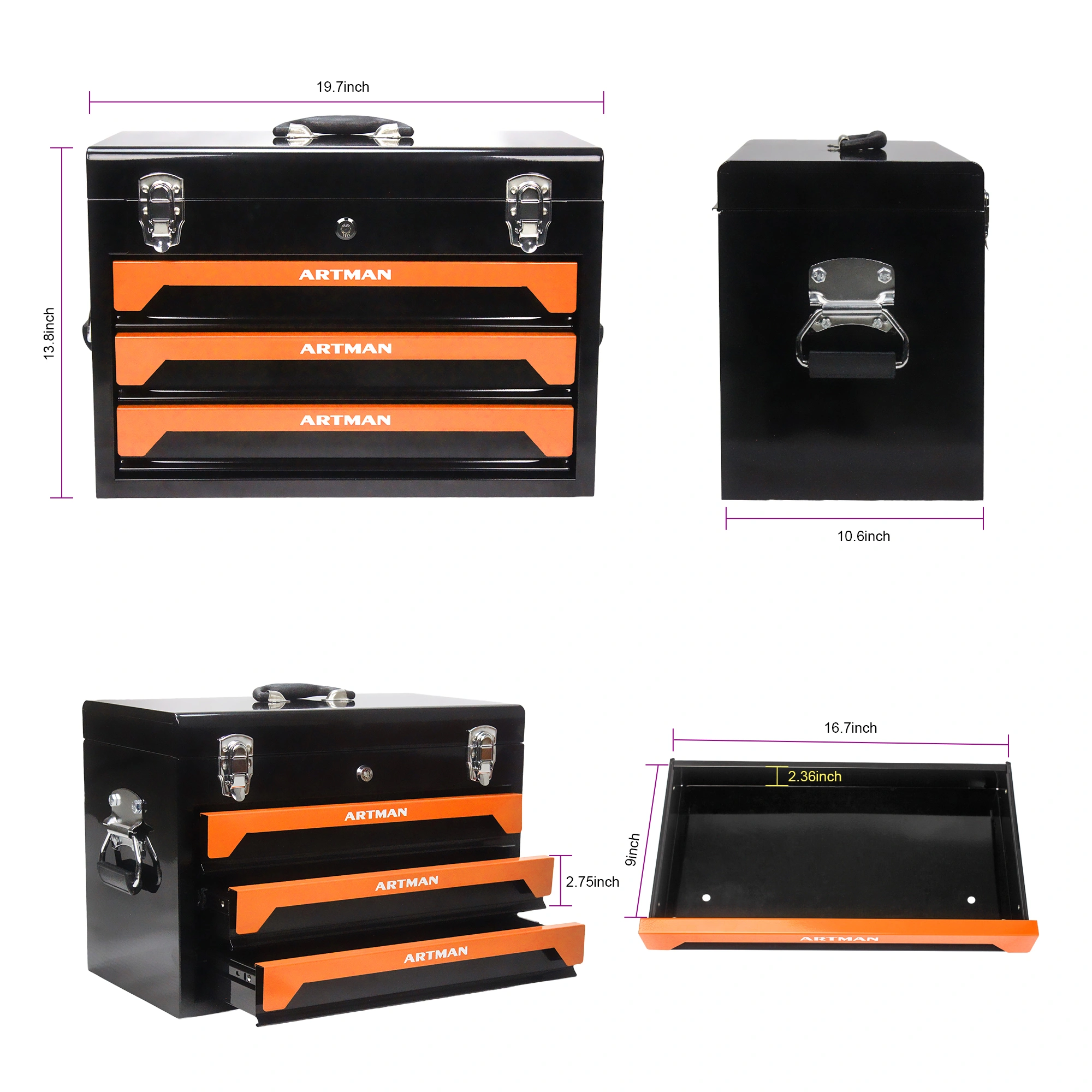 3 Drawers Tool Box with Tool Set--Orange view 2