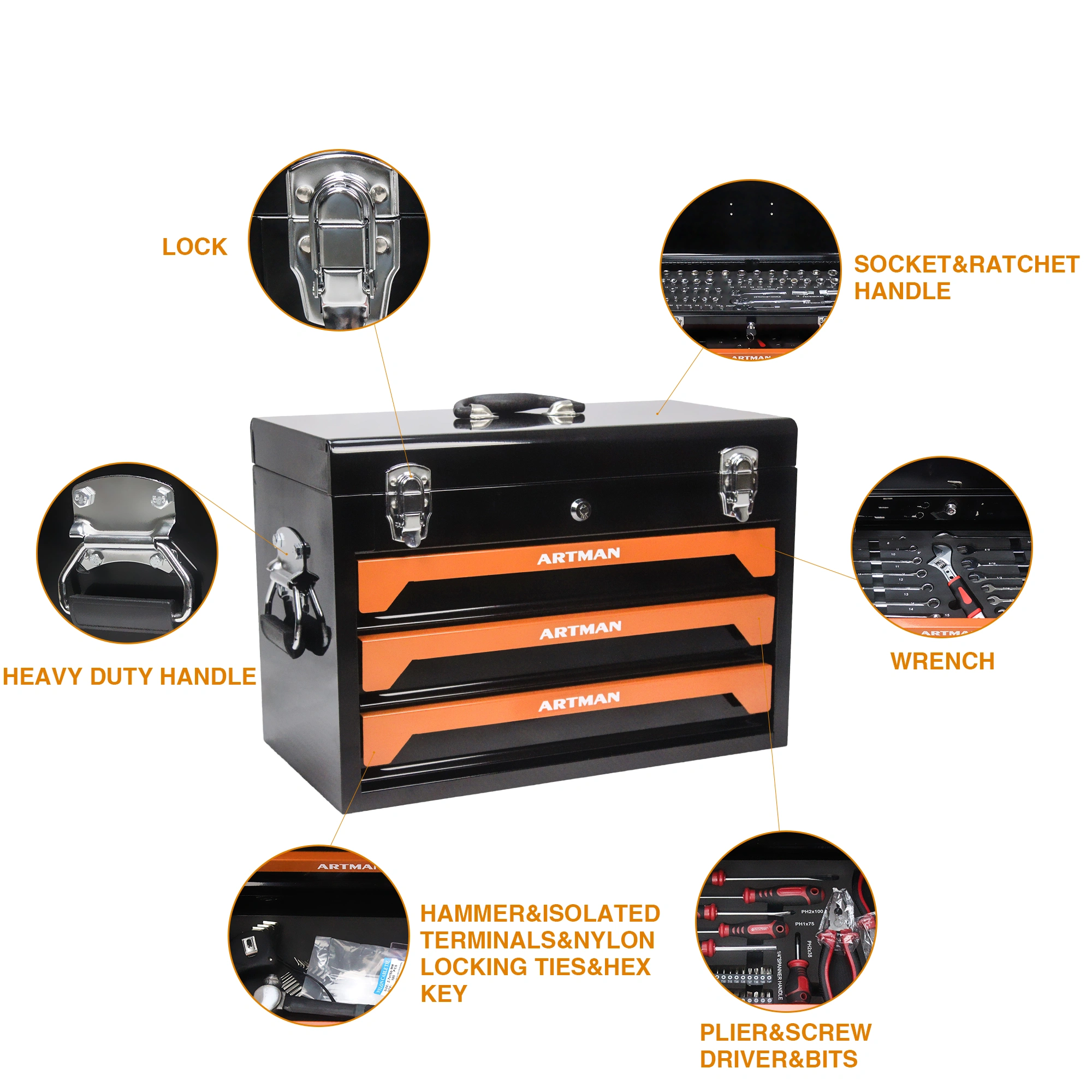 3 Drawers Tool Box with Tool Set--Orange view 4