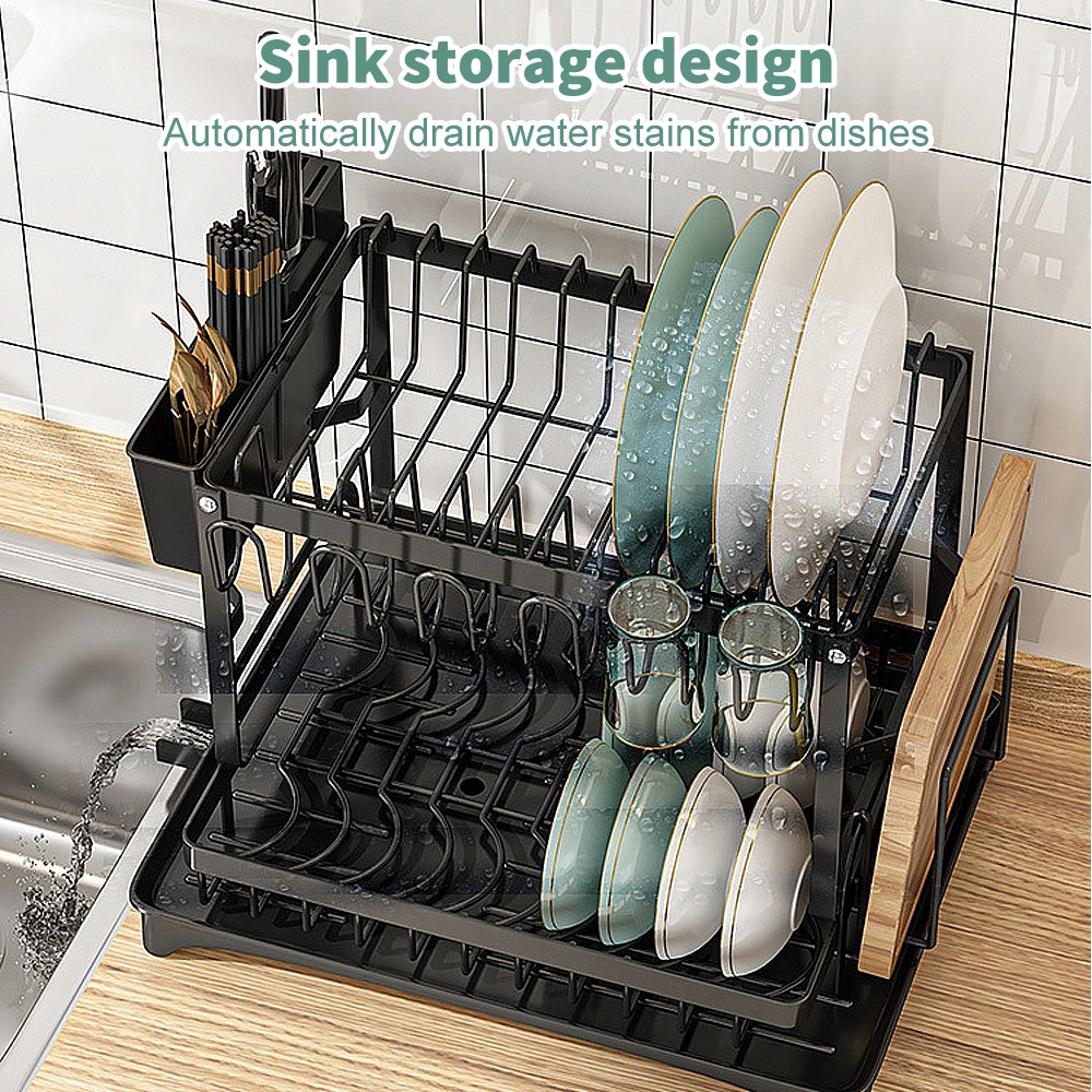 2 Tier Kitchen Sink Dish Drainer Rack with Drip Tray Cutlery Plate Holder