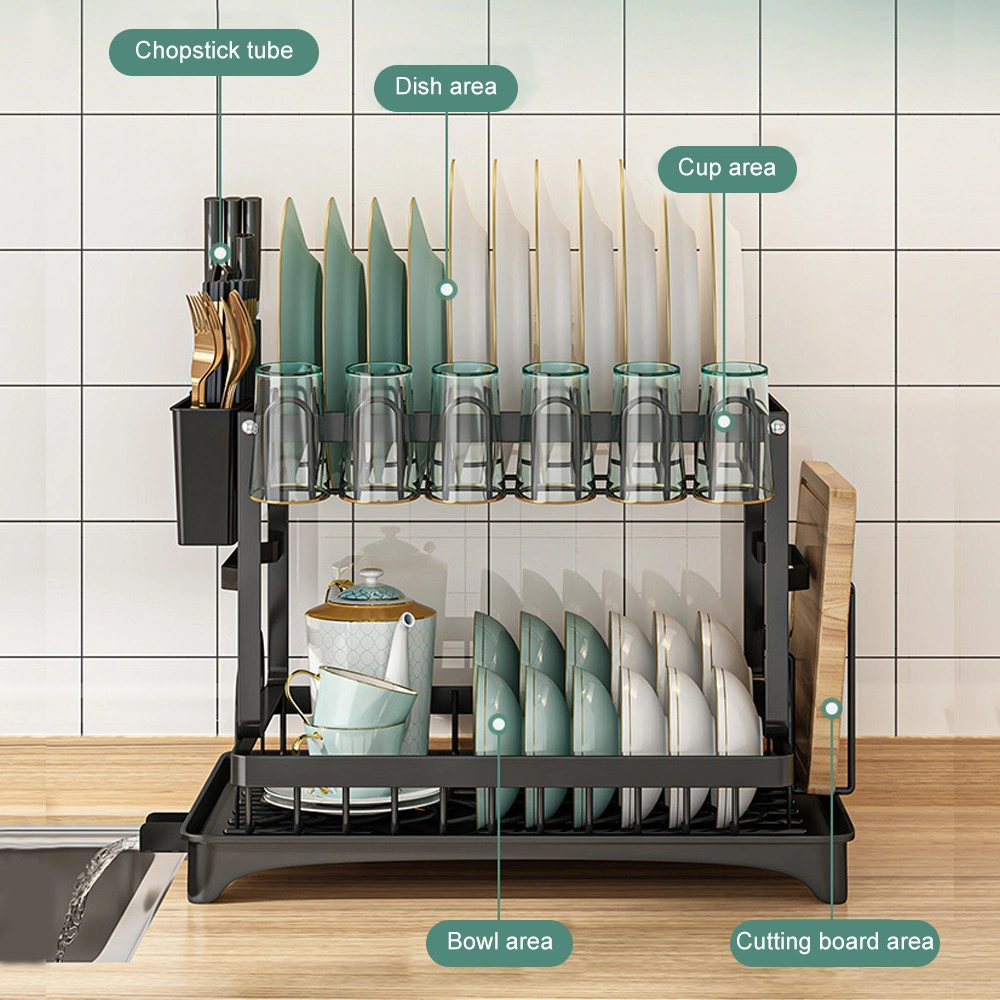 2 Tier Kitchen Sink Dish Drainer Rack with Drip Tray Cutlery Plate Holder view 3