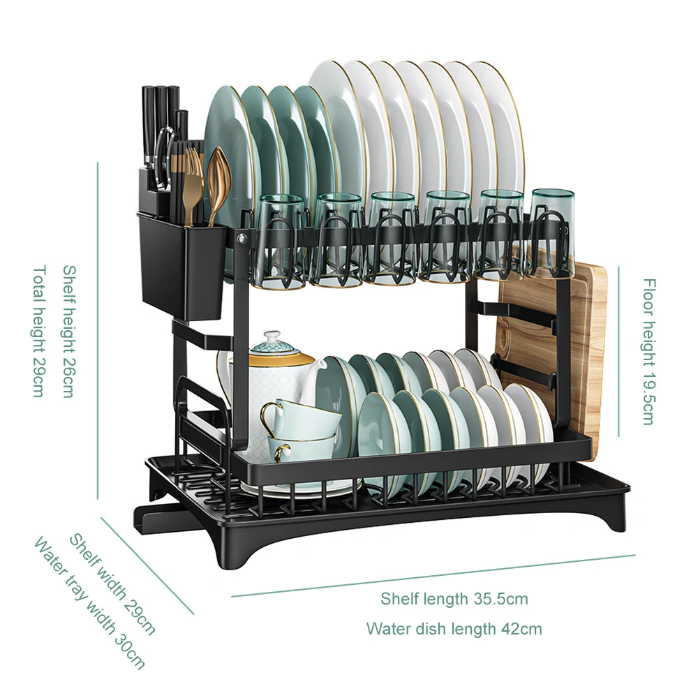 2 Tier Kitchen Sink Dish Drainer Rack with Drip Tray Cutlery Plate Holder view 5