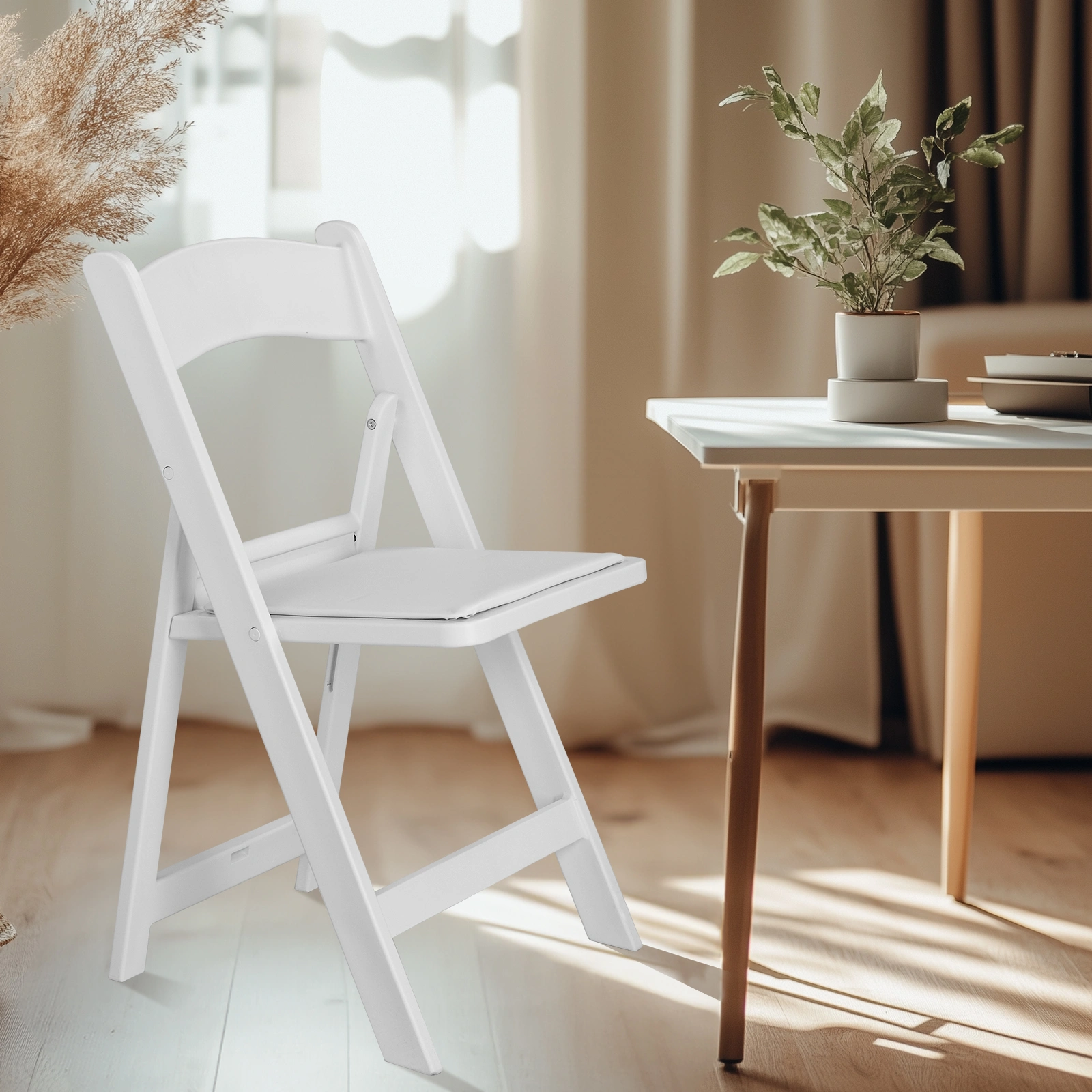 4 Pack Folding Chairs, Resin Chairs with Padded Seat, Comfortable Event Chairs Indoor Outdoor for Home Event Party Picnic School Wedding, White view 5
