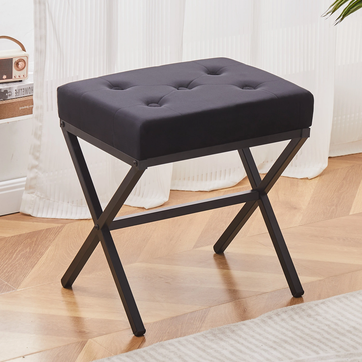 Black Velvet Tufted Ottoman Foot Stool - Thick Cushion Vanity Stool with Metal X Leg, Multifunctional Shoe Changing Seat for Living Room Bedroom