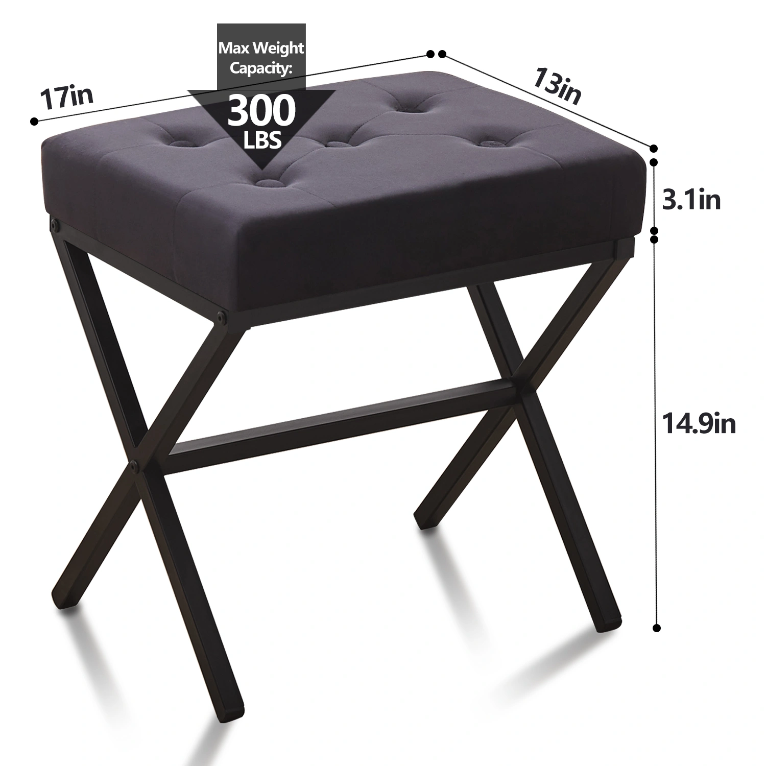 Black Velvet Tufted Ottoman Foot Stool - Thick Cushion Vanity Stool with Metal X Leg, Multifunctional Shoe Changing Seat for Living Room Bedroom view 2