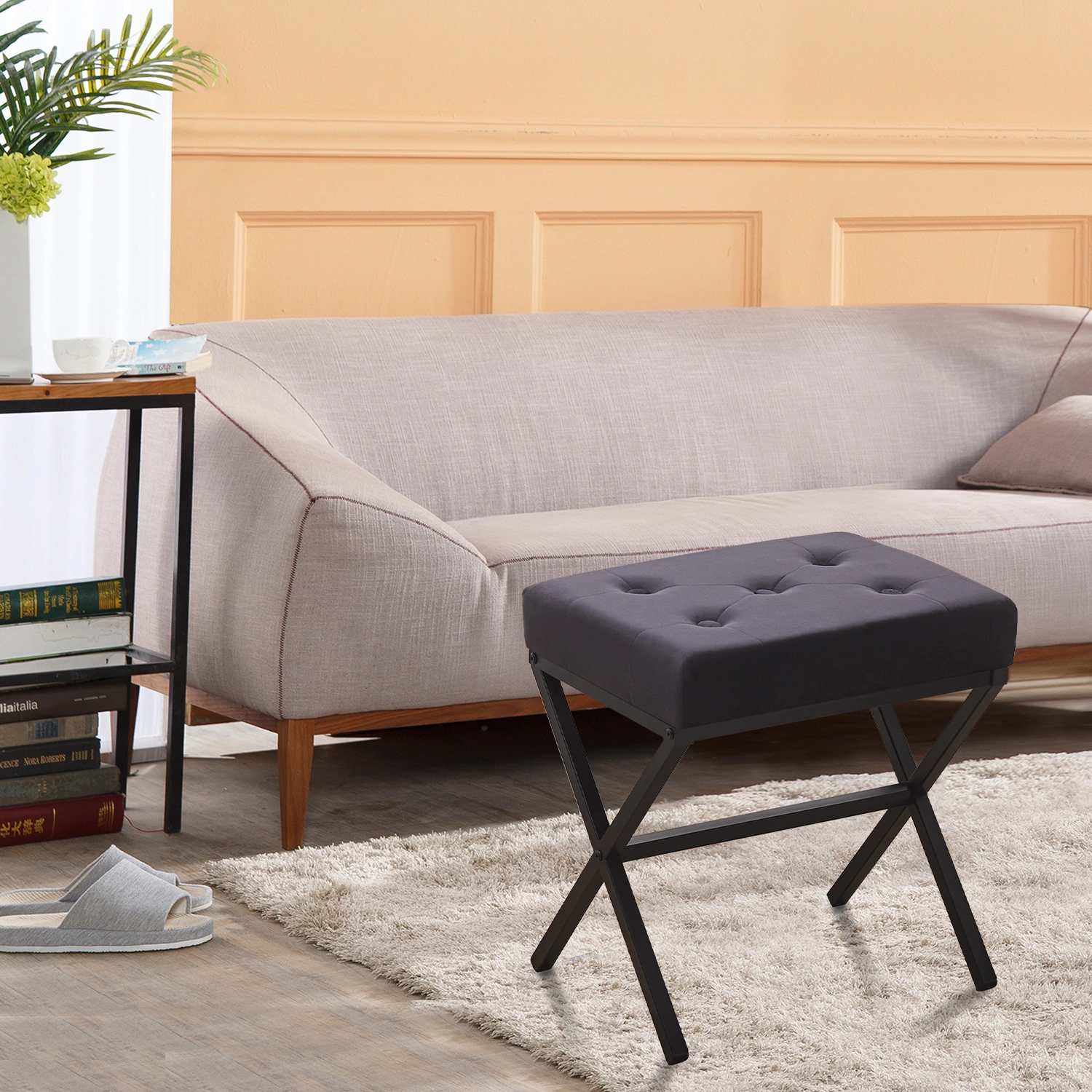 Black Velvet Tufted Ottoman Foot Stool - Thick Cushion Vanity Stool with Metal X Leg, Multifunctional Shoe Changing Seat for Living Room Bedroom view 3