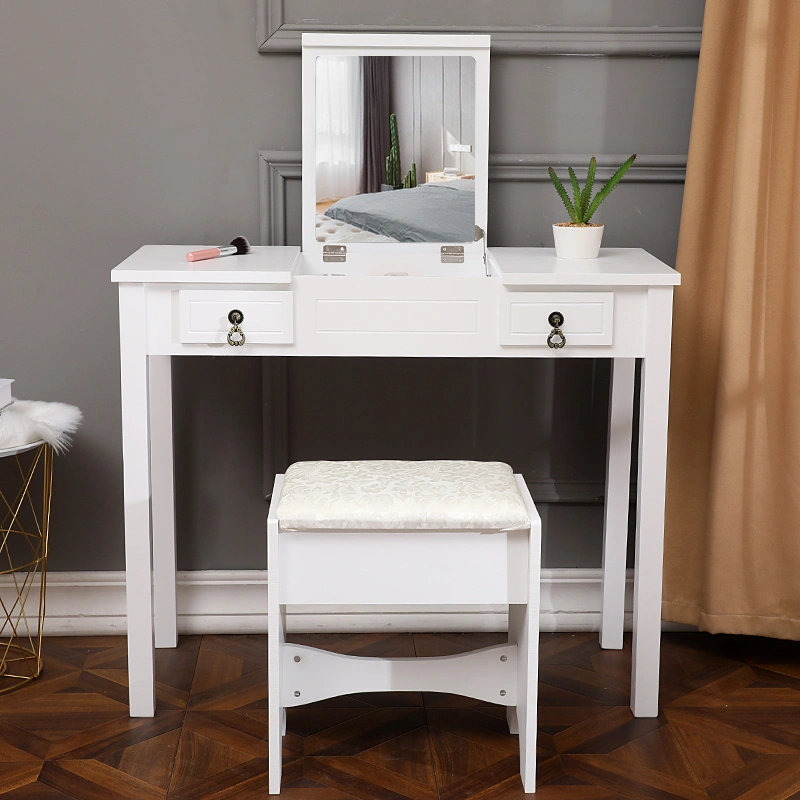 White Dresser with Flip Mirror, Double Drawer Storage, Straight Feet Design, Modern Bedroom Cabinet Organizer view 2