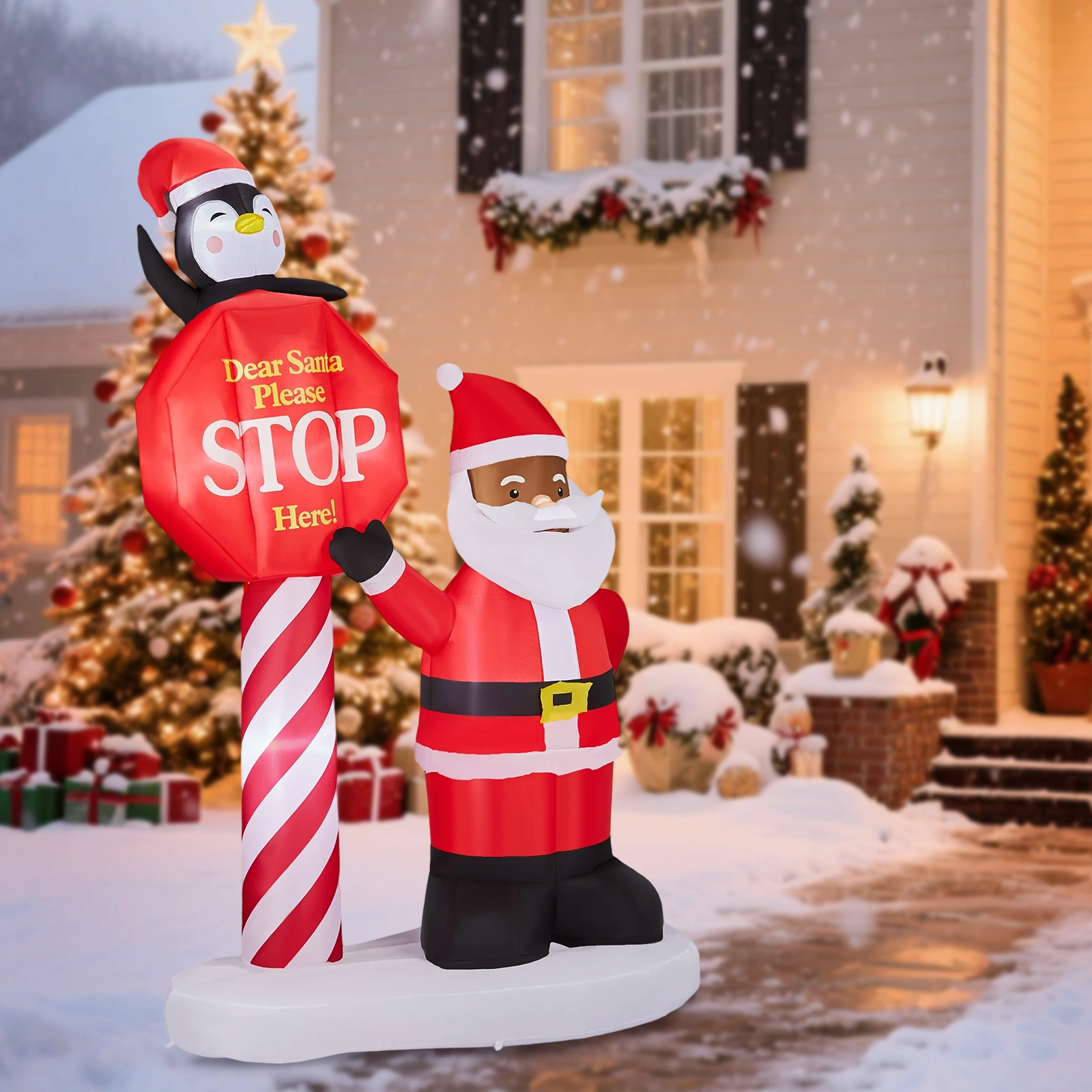 8.2FT Lighted Christmas Inflatable Black Santa with Road Sign, LED Blow Up Yard Decor for Holiday Party Front Lawn Garden