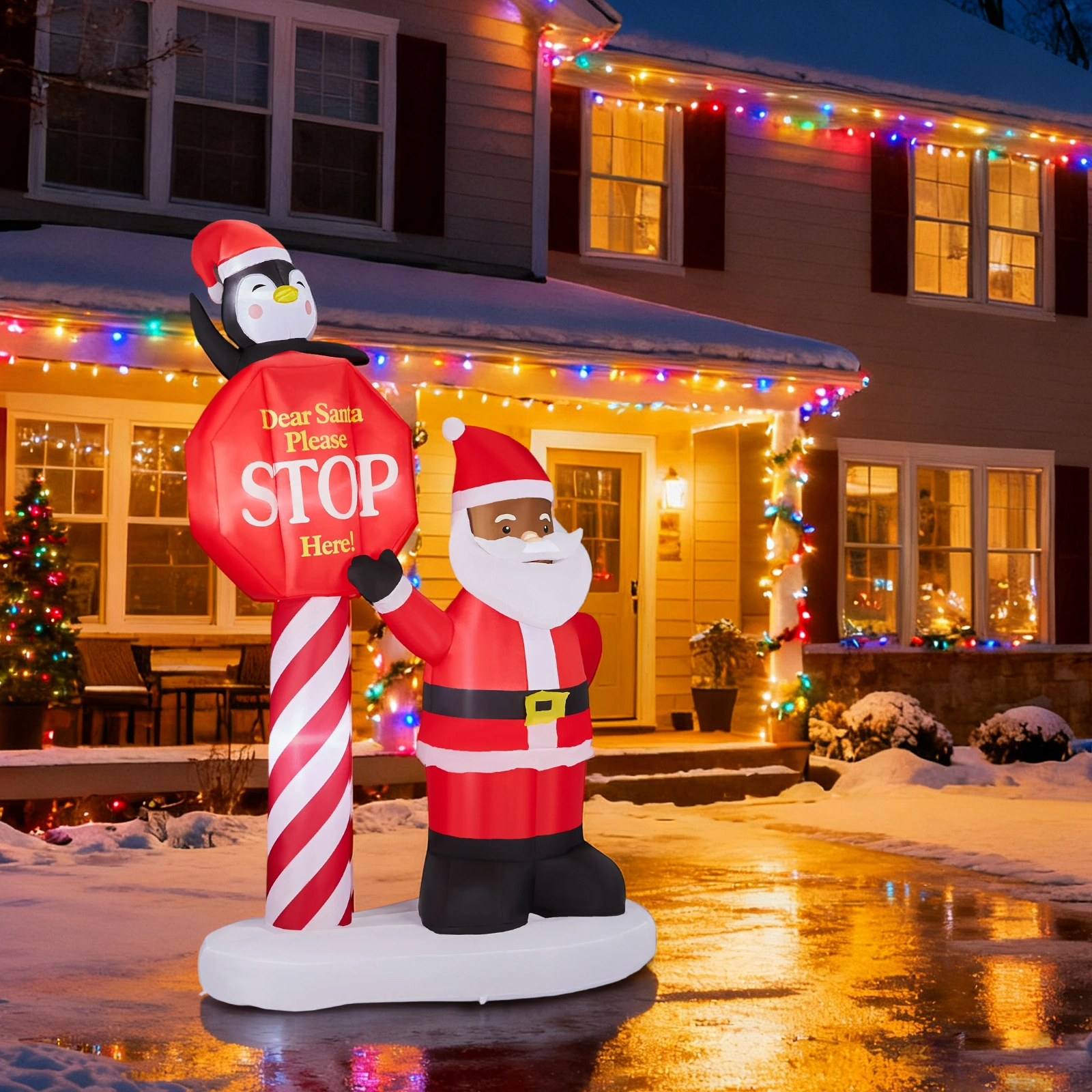 8.2FT Lighted Christmas Inflatable Black Santa with Road Sign, LED Blow Up Yard Decor for Holiday Party Front Lawn Garden view 6