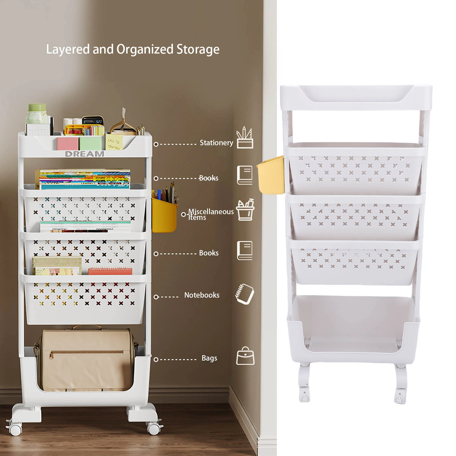 5-Tier Rolling Book Cart with Lockable Casters, White PP Utility Storage Organizer Bookshelf for Study, Office & Bedroom view 3