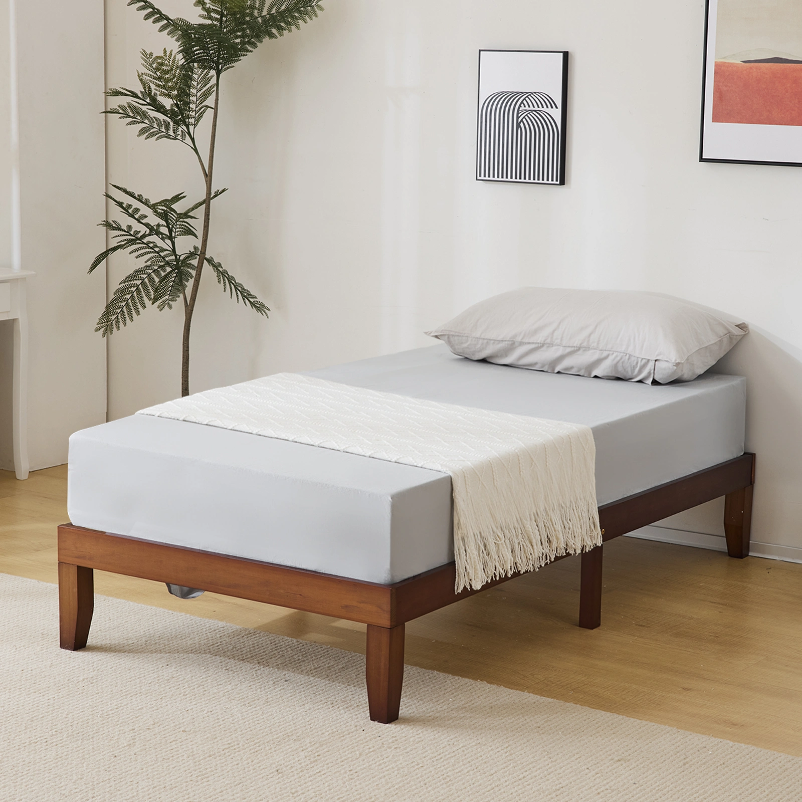 Twin Basic Bed Frame Pine Wood Painted Surface Bed Single Bed 74.41*37.99*12in Coffee view 7