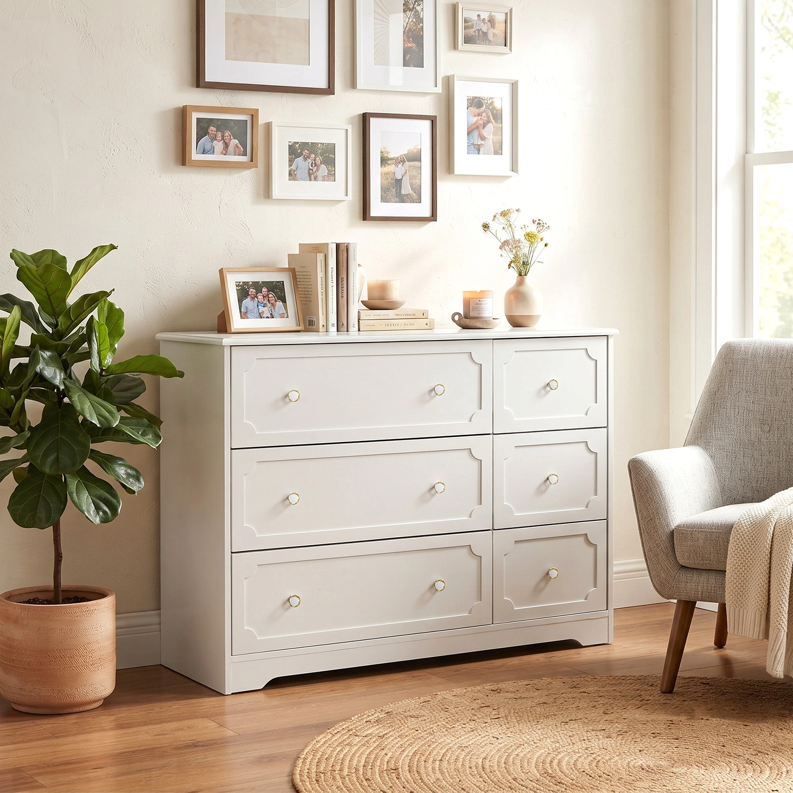 Left 3 Large Drawers + Right 3 Small Drawers MDF Painted Drawer Cabinet 42.52*15.75*32.28in White view 11
