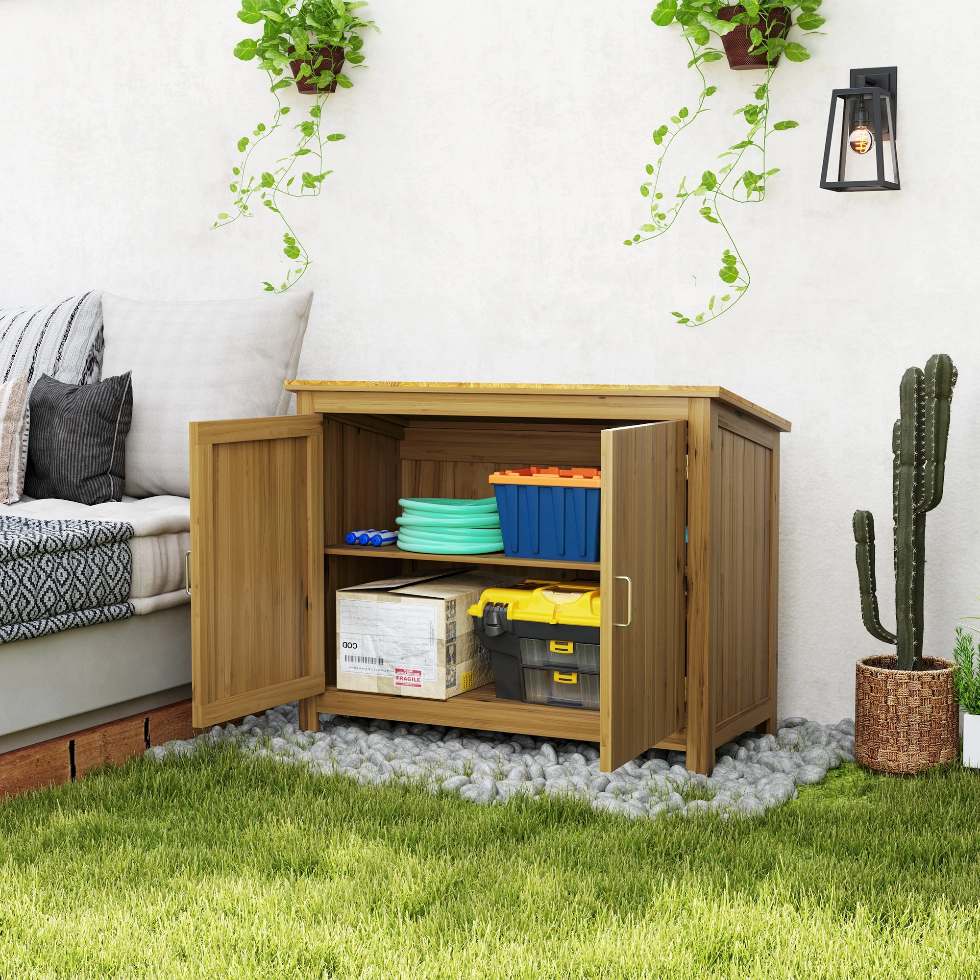 Large Outdoor Storage Box, 140 Gallon Deck Box, Weatherproof Resin Garden Storage with Ventilated Lid, Gray