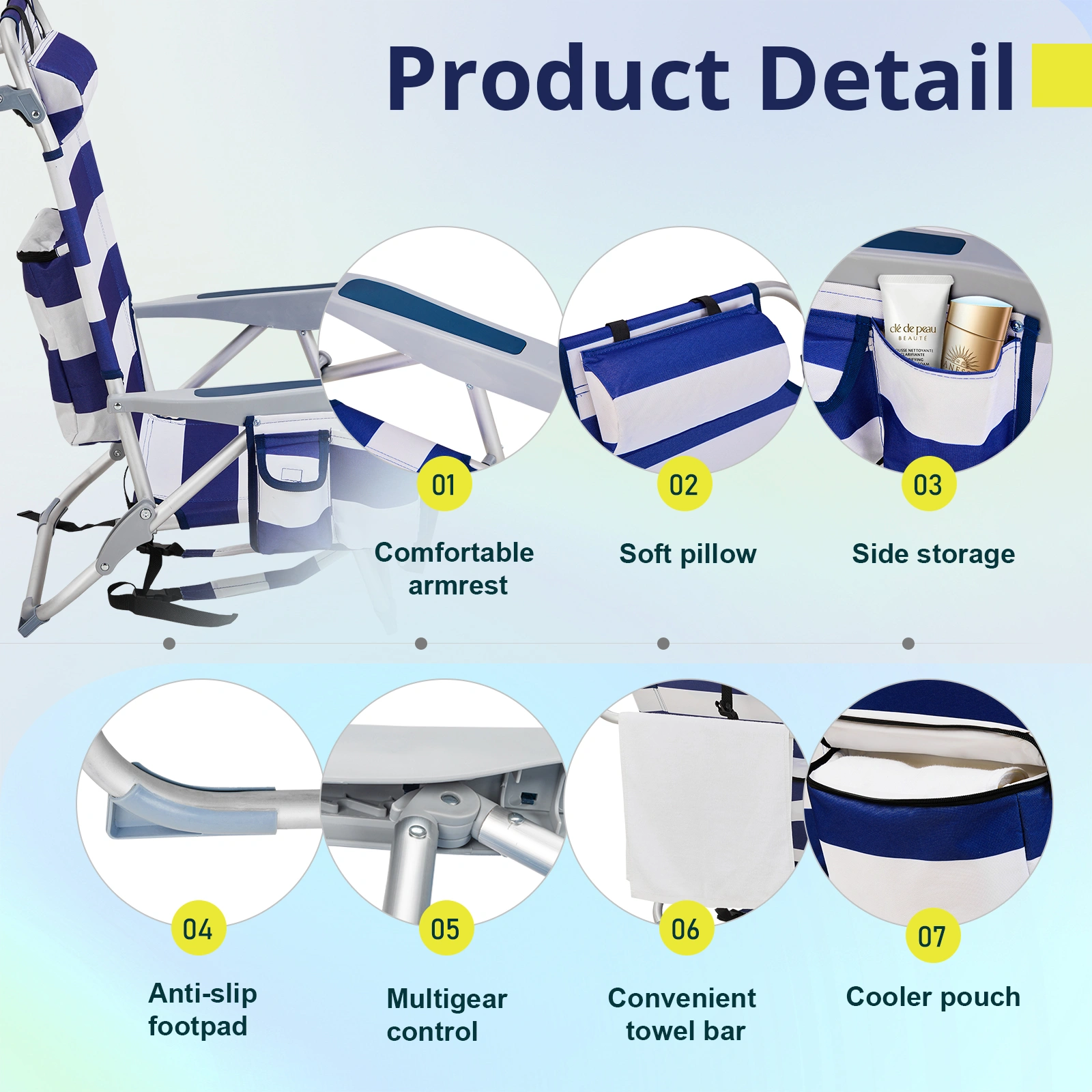 63*65*82cm Short Oxford Cloth Silver White Aluminum Tube Bearing 100kg Beach Chair Blue Stripes view 20