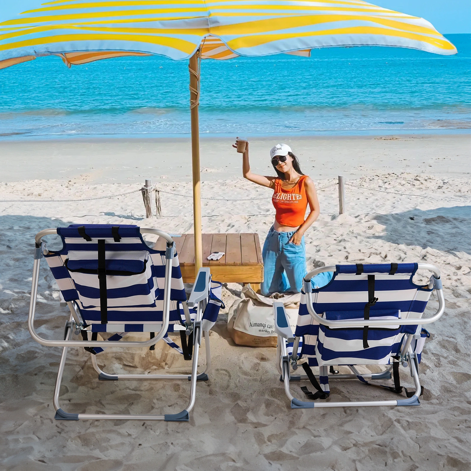 63*65*82cm Short Oxford Cloth Silver White Aluminum Tube Bearing 100kg Beach Chair Blue Stripes view 22