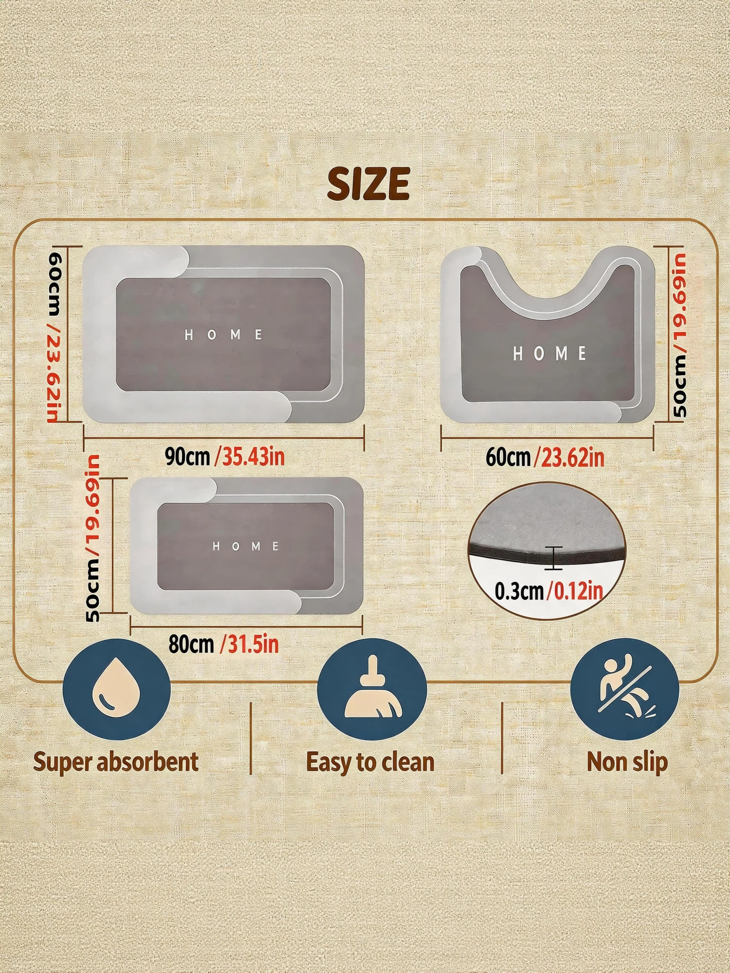 3 Pack Absorbent Bath Mat Set, Quick Drying Non-Slip Rug with Rubber Backing for Bathroom Kitchen Shower, SKU 66814487 view 7