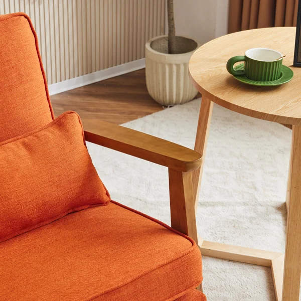 Mid-Century Modern Accent Chair with Wooden Frame - Oak Armrest, Linen-Cotton Burnt Orange Upholstery, Single Seater Lounge Chair for Living Room (Weight Capacity 330LBS) view 2