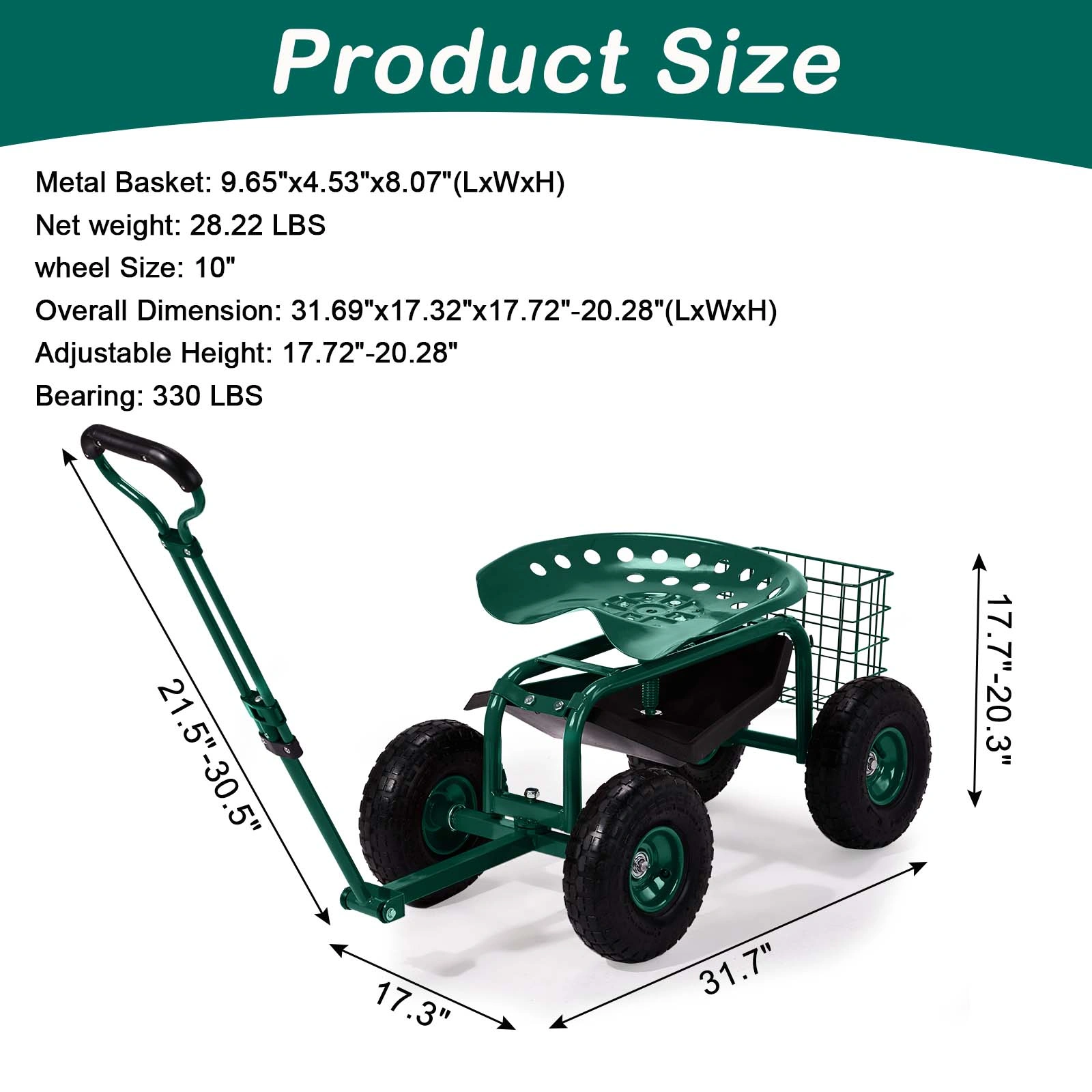 Rolling Garden Work Seat with Wheels, 360° Swivel Seat & Extendable Handle, Tool Tray Garden Scooter Stool for Planting, Green view 10