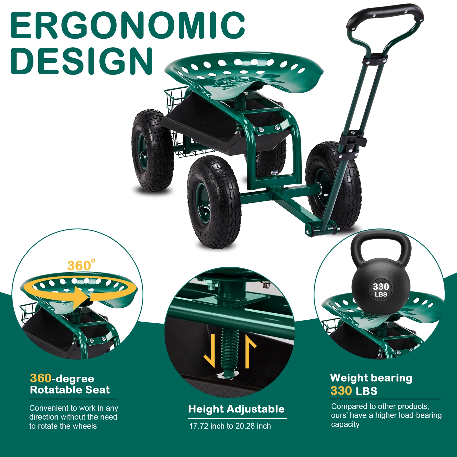 Rolling Garden Work Seat with Wheels, 360° Swivel Seat & Extendable Handle, Tool Tray Garden Scooter Stool for Planting, Green view 12