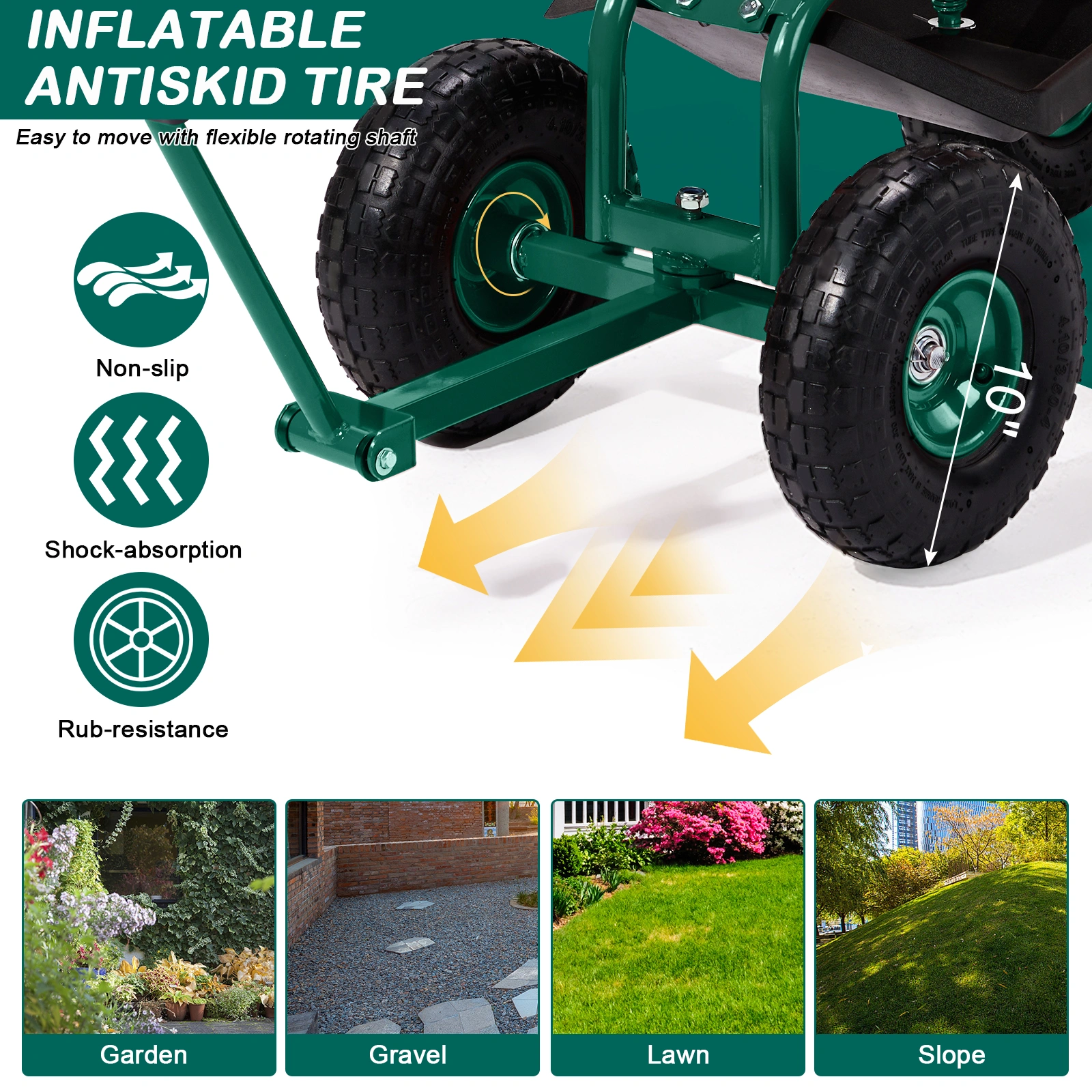 Rolling Garden Work Seat with Wheels, 360° Swivel Seat & Extendable Handle, Tool Tray Garden Scooter Stool for Planting, Green view 13