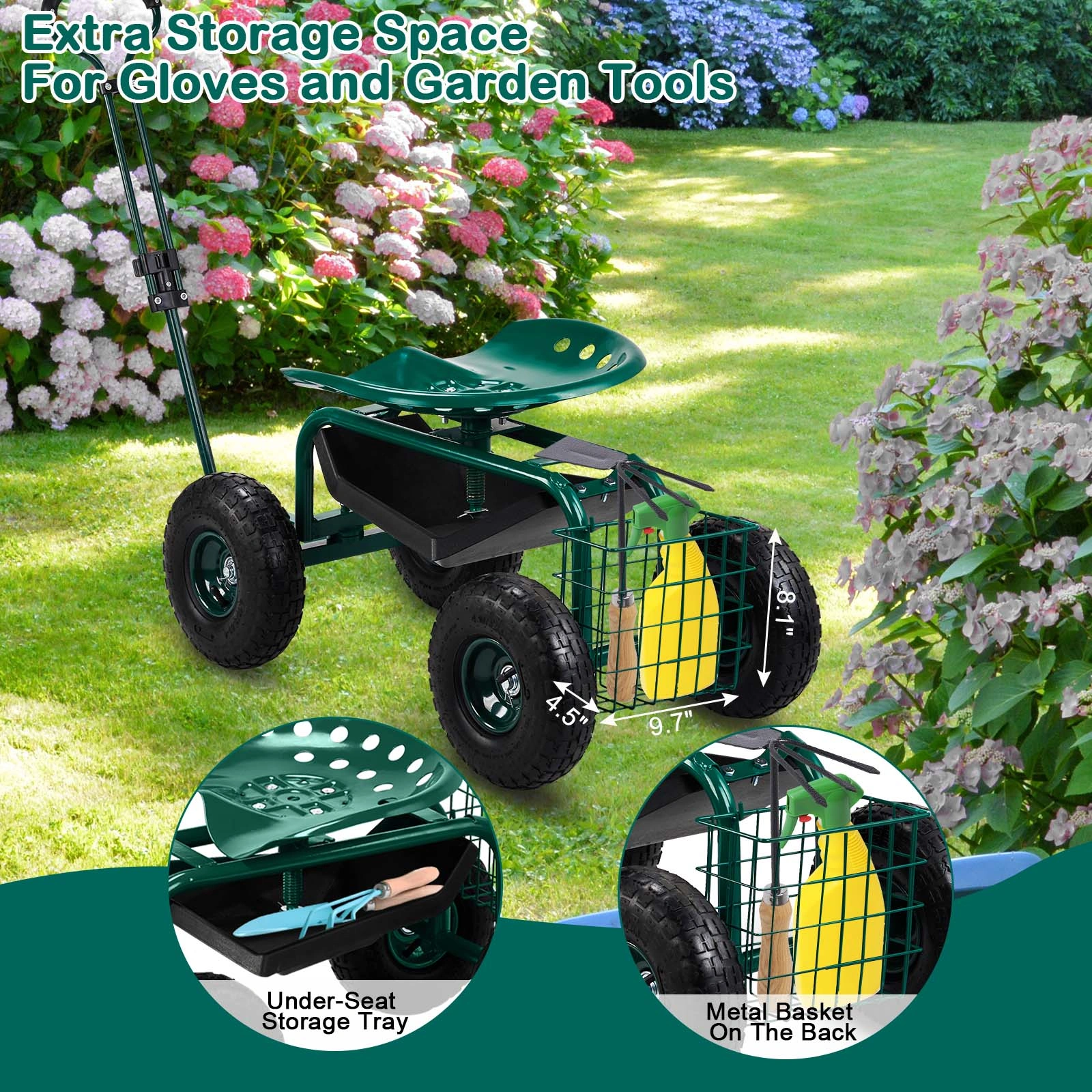 Rolling Garden Work Seat with Wheels, 360° Swivel Seat & Extendable Handle, Tool Tray Garden Scooter Stool for Planting, Green view 14