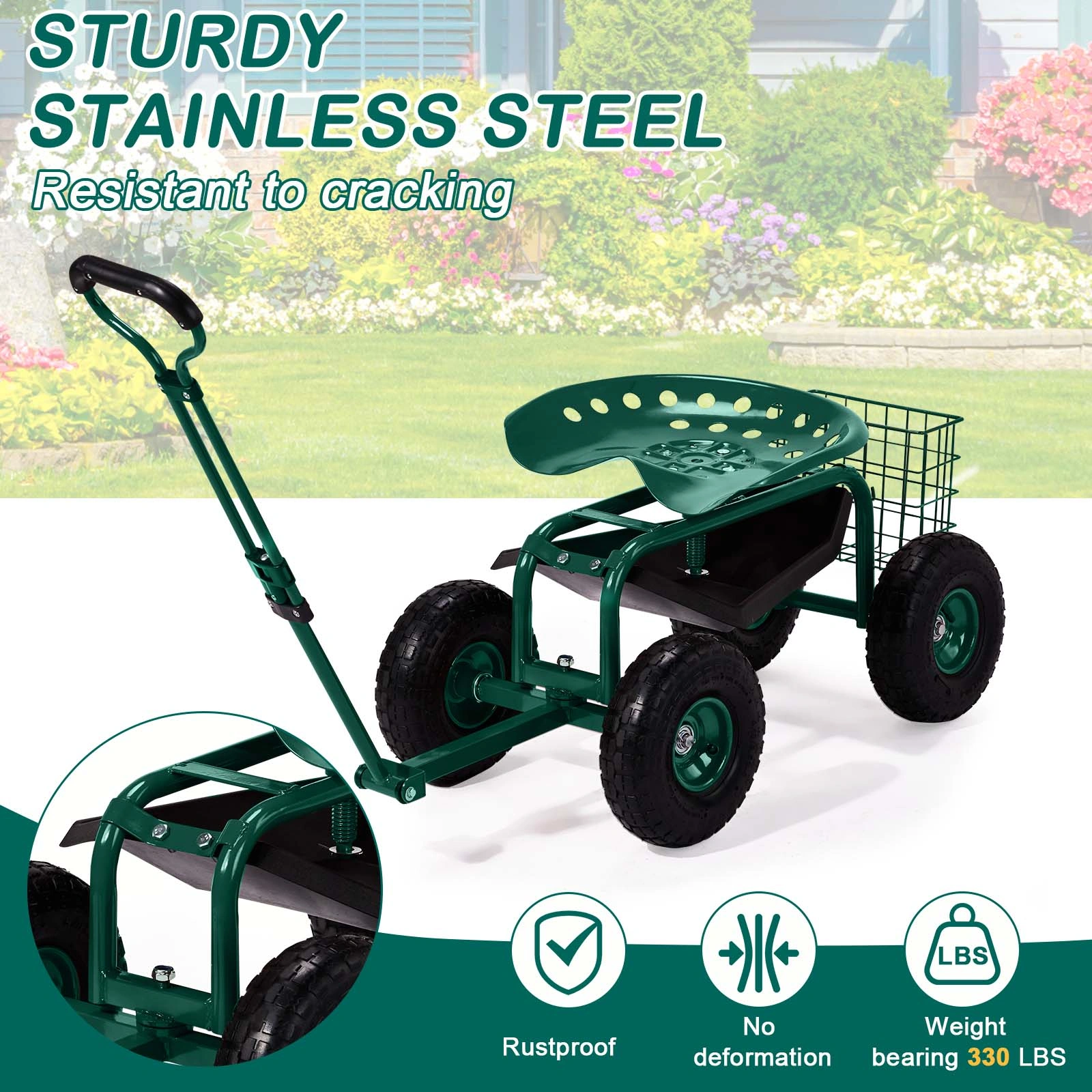 Rolling Garden Work Seat with Wheels, 360° Swivel Seat & Extendable Handle, Tool Tray Garden Scooter Stool for Planting, Green view 15