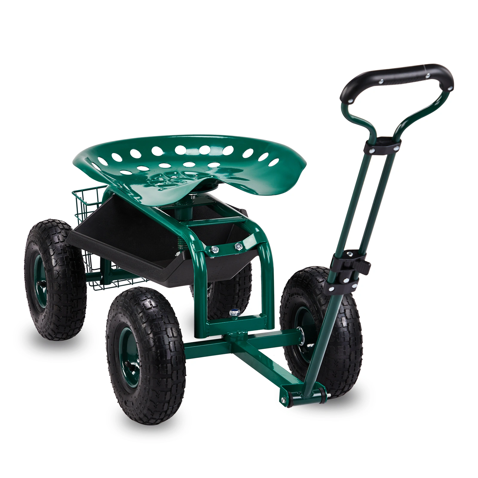 Rolling Garden Work Seat with Wheels, 360° Swivel Seat & Extendable Handle, Tool Tray Garden Scooter Stool for Planting, Green view 2