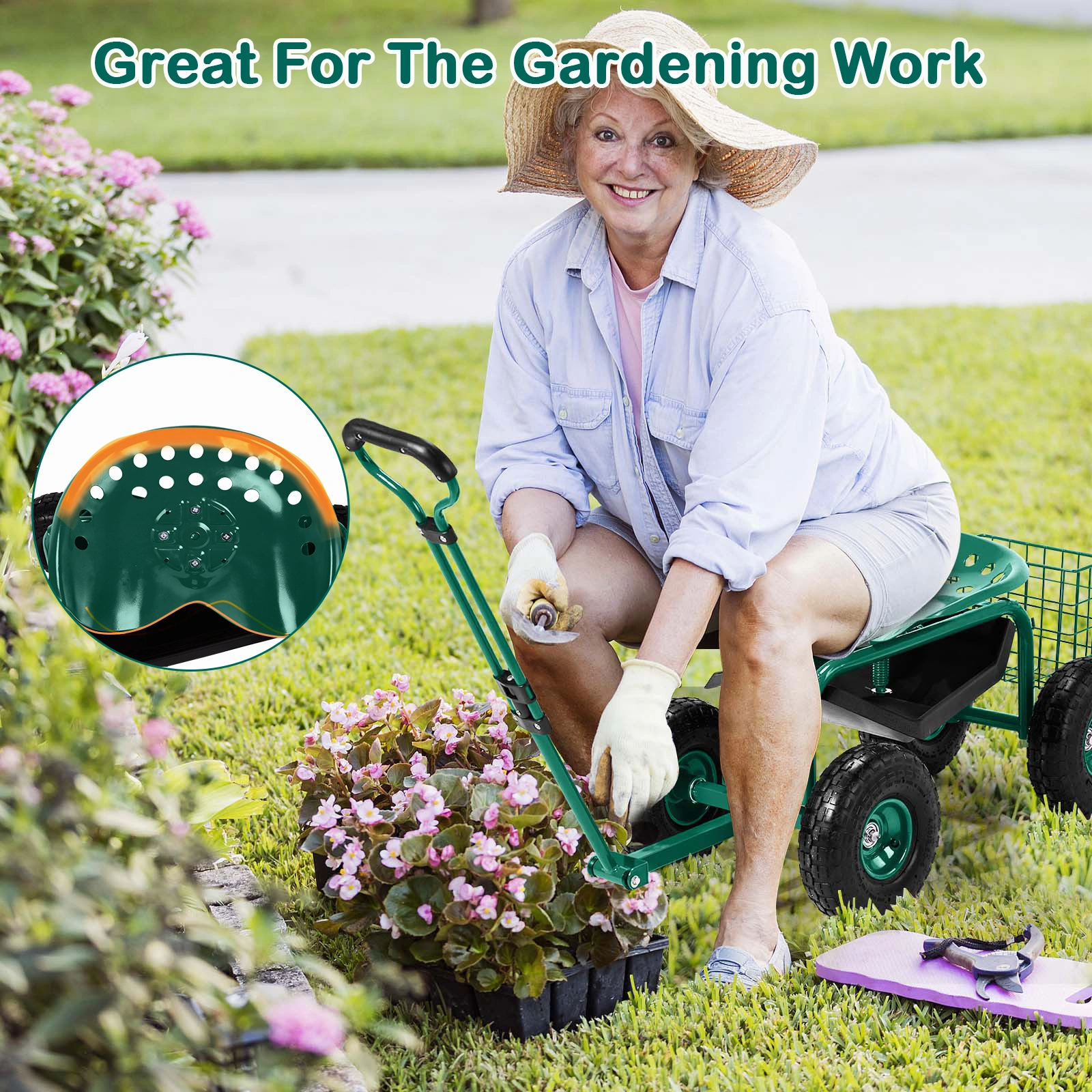 Rolling Garden Work Seat with Wheels, 360° Swivel Seat & Extendable Handle, Tool Tray Garden Scooter Stool for Planting, Green view 3