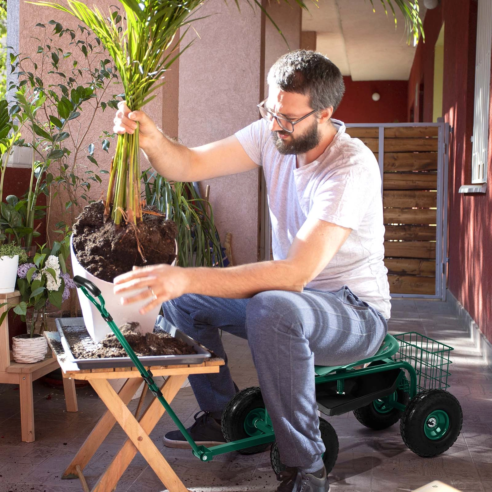 Rolling Garden Work Seat with Wheels, 360° Swivel Seat & Extendable Handle, Tool Tray Garden Scooter Stool for Planting, Green view 5