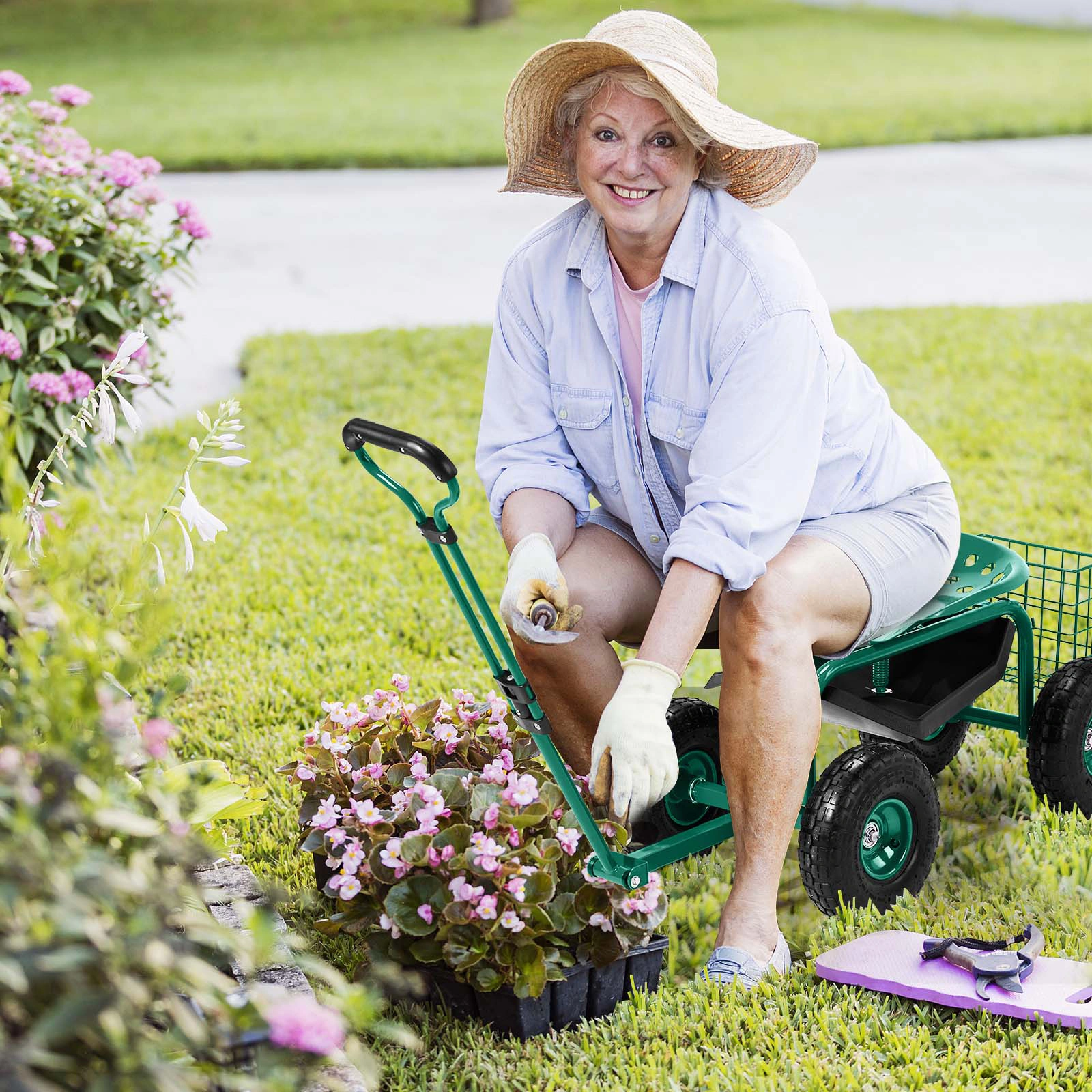 Rolling Garden Work Seat with Wheels, 360° Swivel Seat & Extendable Handle, Tool Tray Garden Scooter Stool for Planting, Green view 6