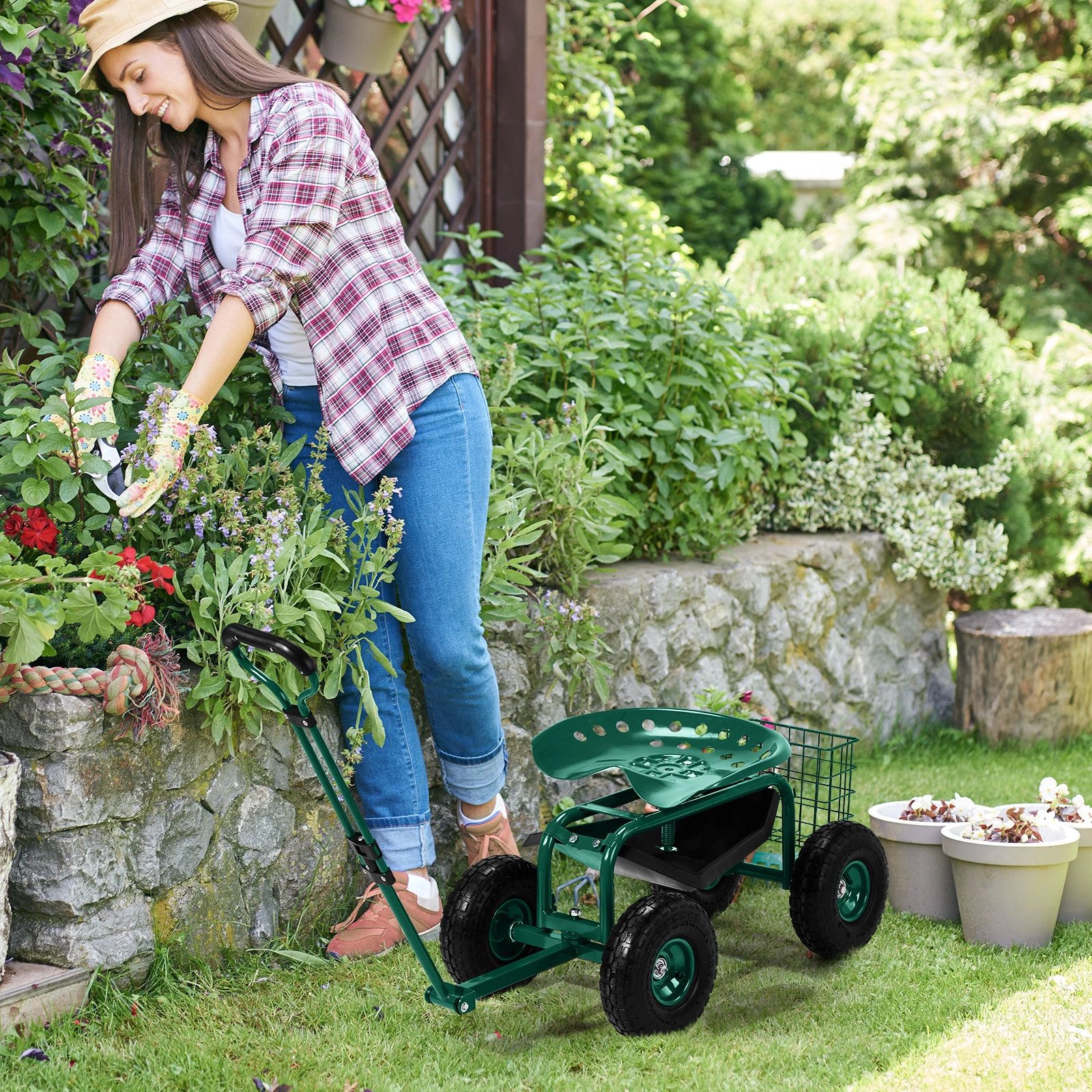 Rolling Garden Work Seat with Wheels, 360° Swivel Seat & Extendable Handle, Tool Tray Garden Scooter Stool for Planting, Green view 7
