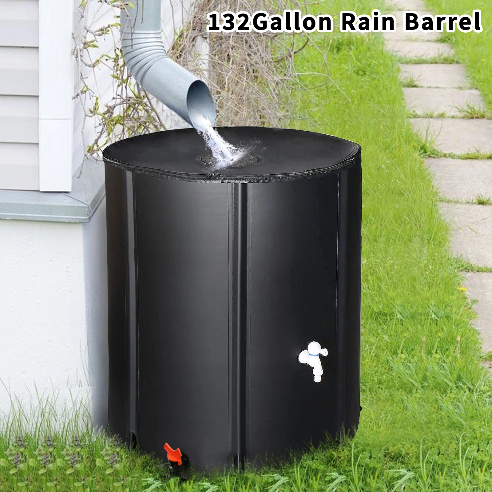 132 Gallon Folding Rain Barrel Water Collector - Black Outdoor Garden Water Storage Tank, Collapsible Rain Barrel for Home & Yard view 8