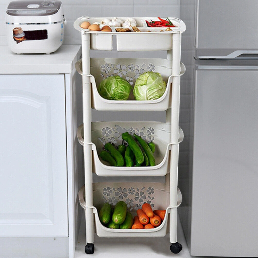 4 Tier Kitchen Storage Trolley with Baskets, Fruit & Vegetable Rack on Wheels, Organizer