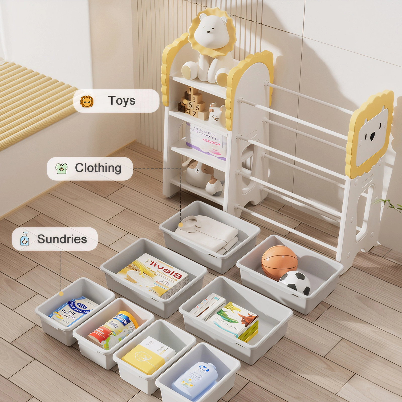 Kids Toy Storage Shelf with 8 Removable Bins, 4-Tier Bookcase Organizer for Bedroom, Nursery, Classroom, Playroom view 5