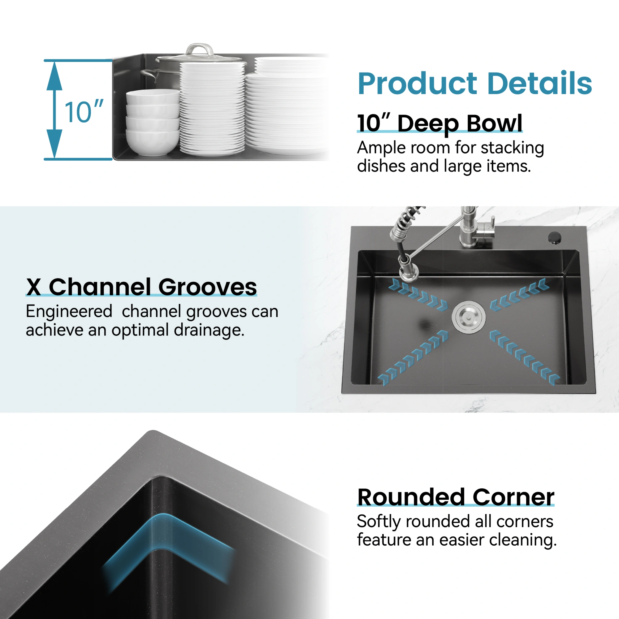 Stainless Steel Kitchen Sink, 23″x19″ Single Bowl, Overmount Handmade Sink in Black, with US Standard Drain and Hook[Unable ship on weekends, TK/TEMU only for pickup, only TX10643 warehouse supports GOFO] view 5