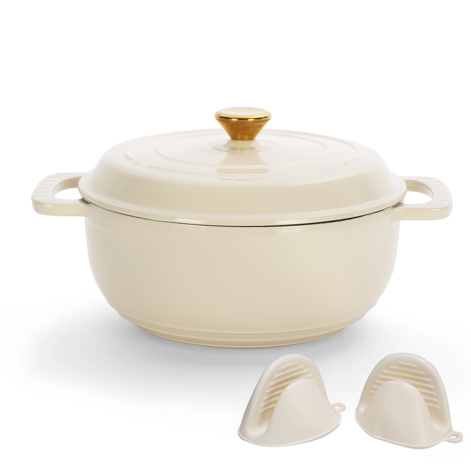 Cast iron 5QT cooking pot - ceramic white - comes with two silicone gloves - Enamel pot view 5