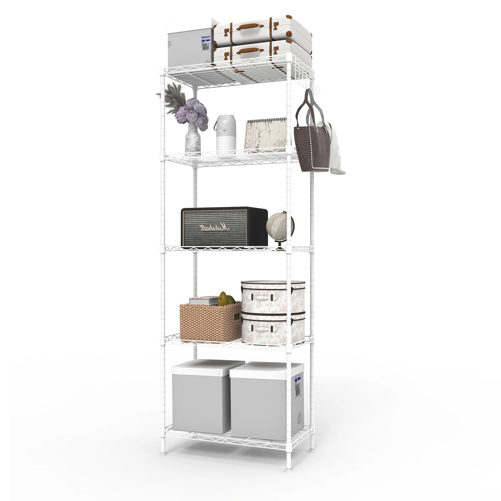 5-Layer Display Rack Adjustable Shelf Spacing Iron Stand 54x29x150cm Powder-Coated Matte White Adjustable Feet Plug-In Deformable Structure