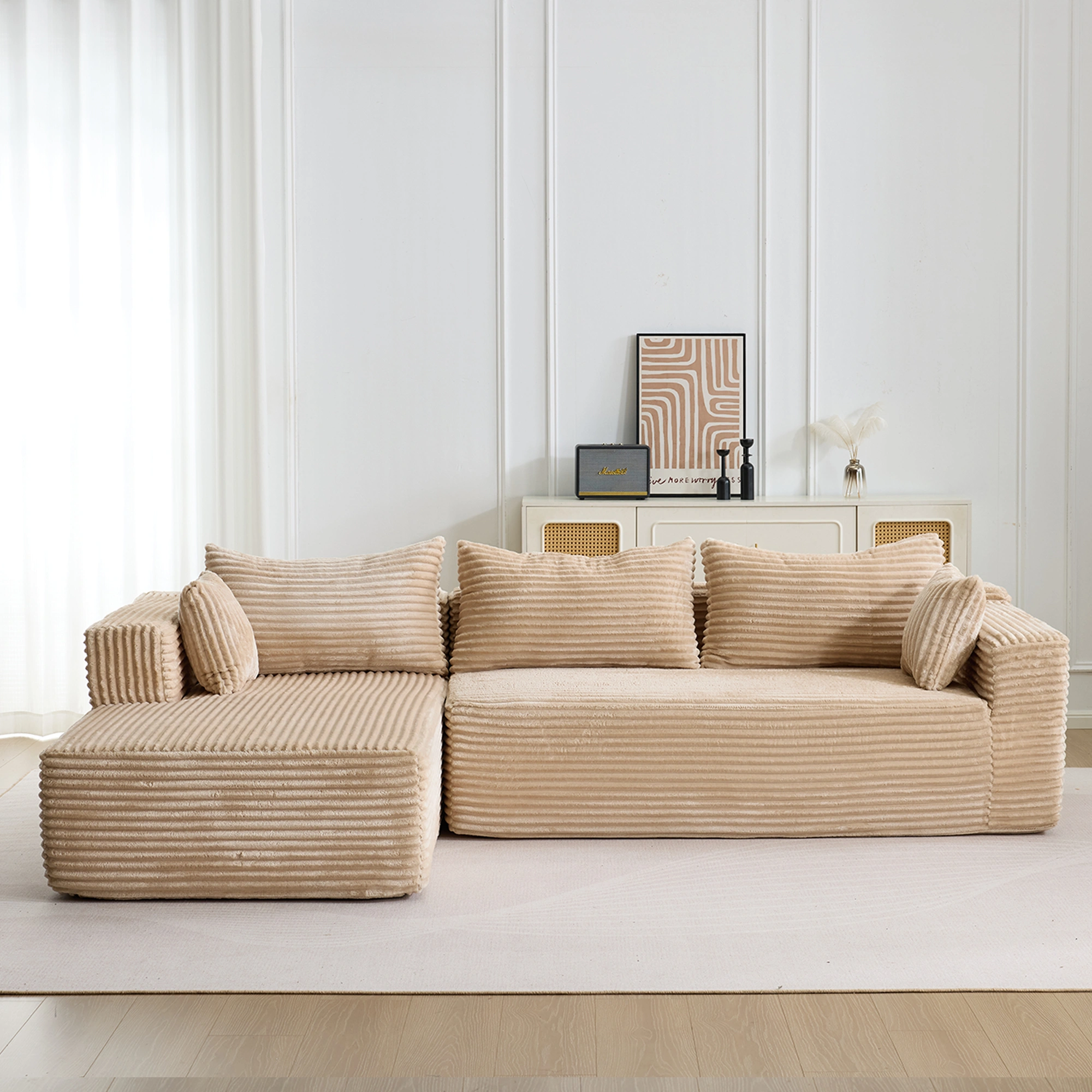 Compression Sectional Sofa with Chaise, L-Shaped Boneless Couch with Deep Seat, Modular Sleeper Sectional for Living Room Bedroom, Corduroy, Beige