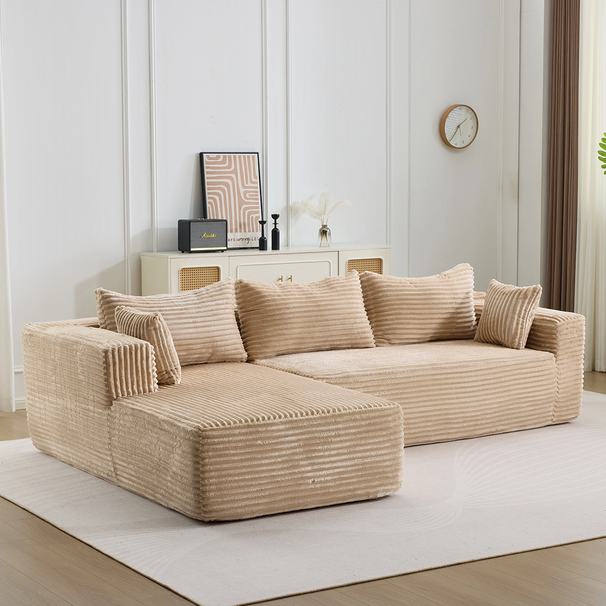 Compression Sectional Sofa with Chaise, L-Shaped Boneless Couch with Deep Seat, Modular Sleeper Sectional for Living Room Bedroom, Corduroy, Beige view 2