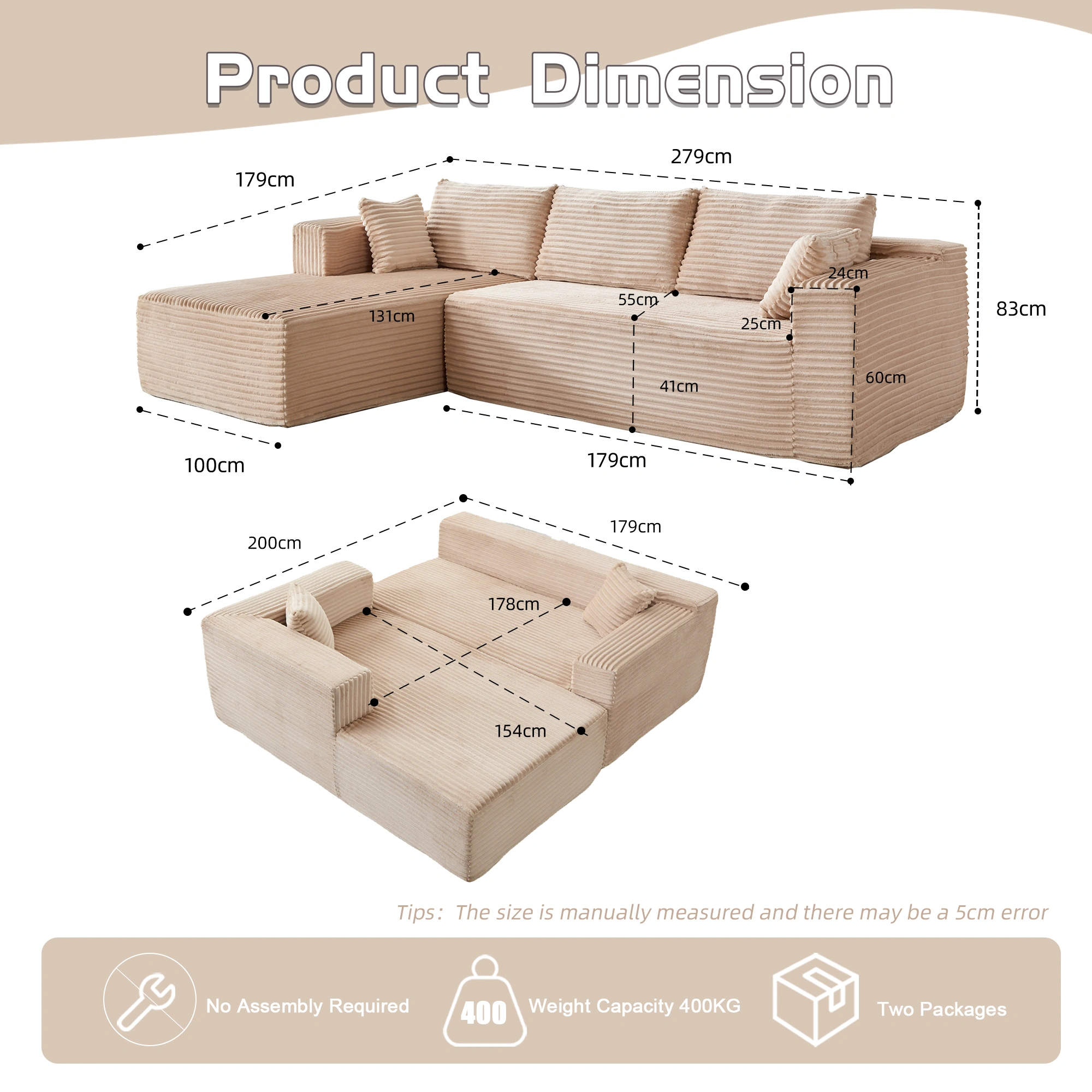 Compression Sectional Sofa with Chaise, L-Shaped Boneless Couch with Deep Seat, Modular Sleeper Sectional for Living Room Bedroom, Corduroy, Beige view 3