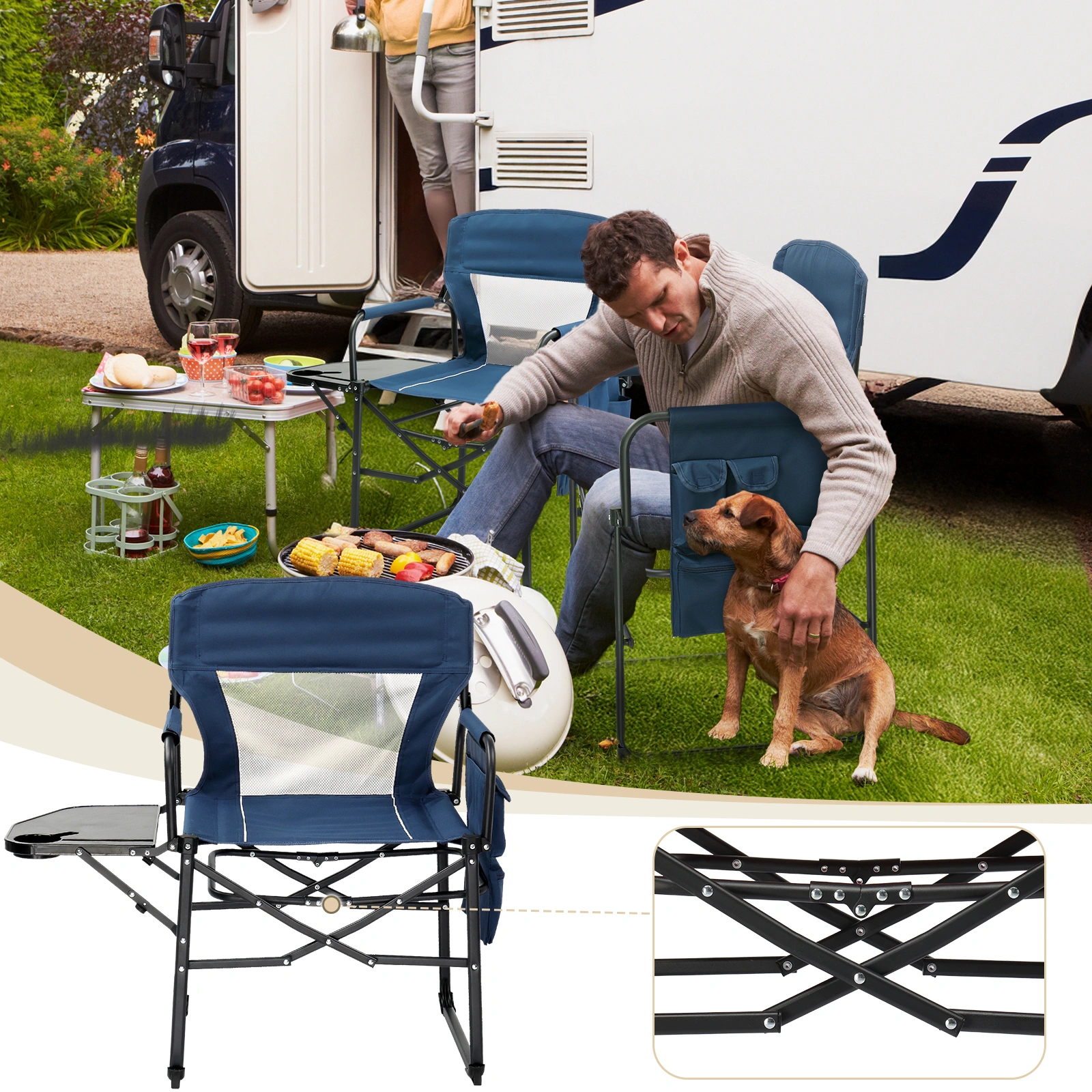 Folding Camping Directors Chair Portable Outdoor Chair w/ Cup Holder Side Table Storage Pocket, Blue view 4