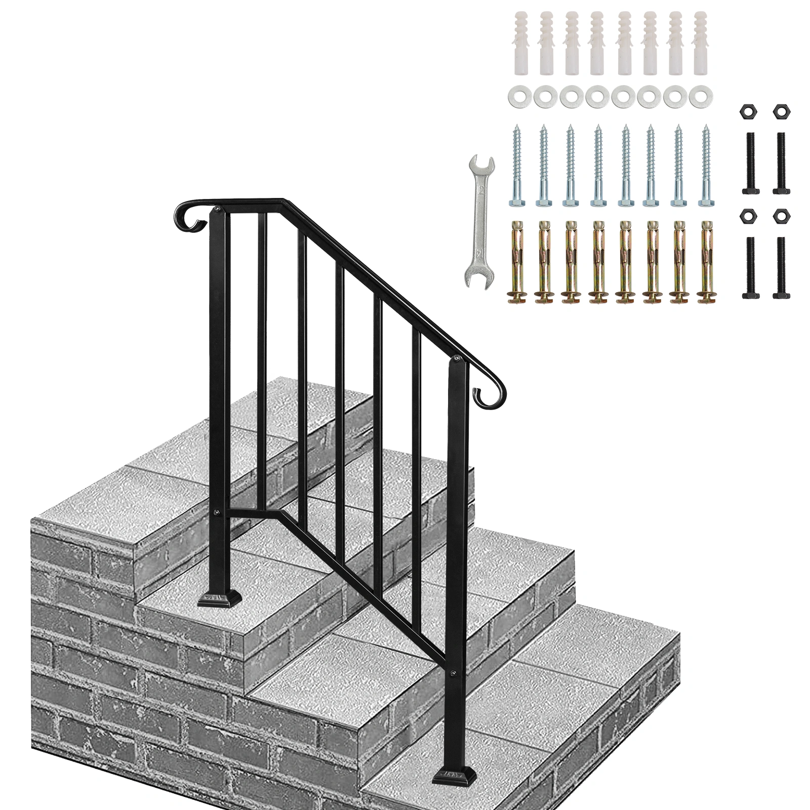 Matte Black Outdoor 2-Step Iron Handrail same as 82359152