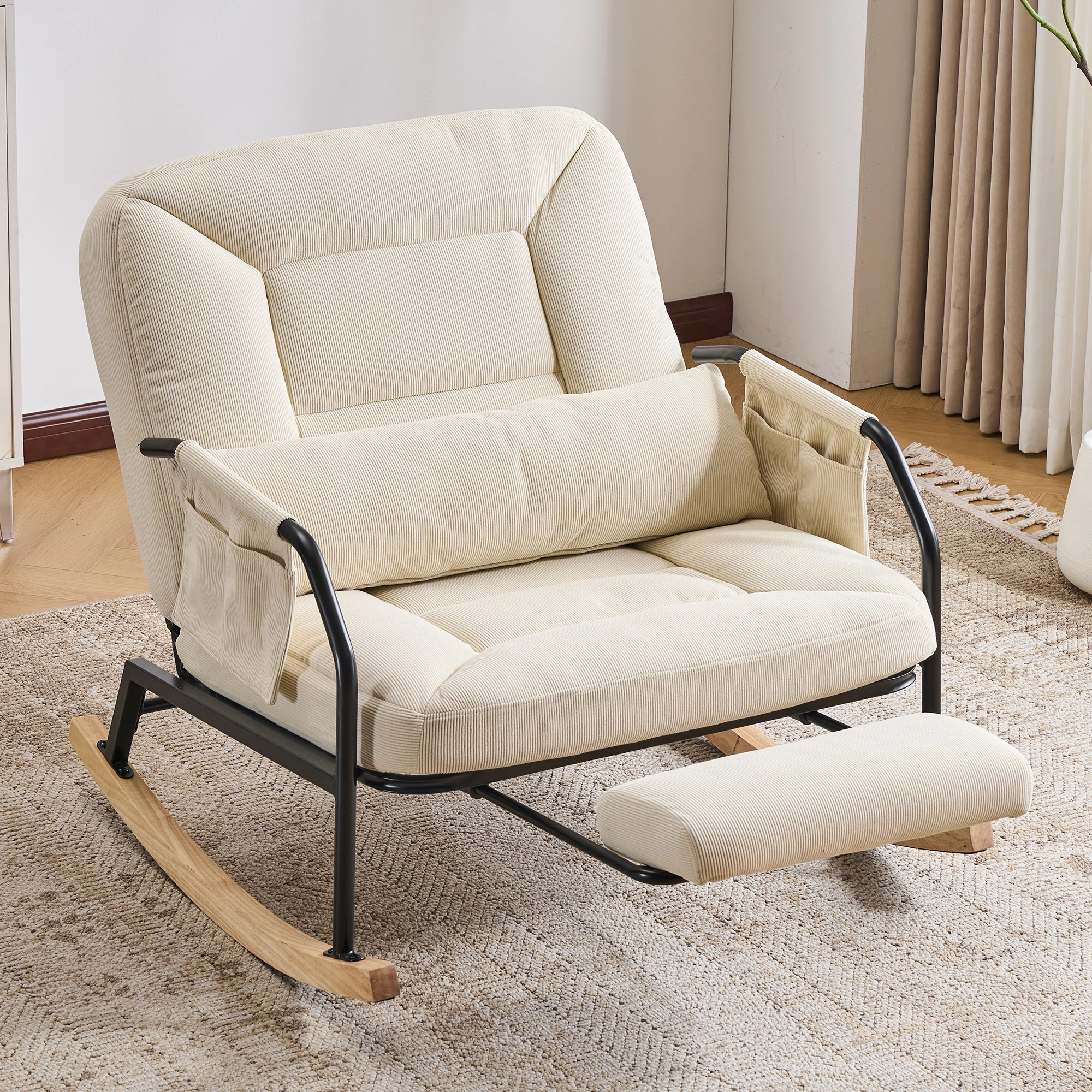 Oversized Rocking Chair Glider with Foot Rest, Padded Cushion Adjustable Backrest, Mental Wooden Farm Style for Indoor Outdoor Living Room Balcony, Corduroy, Beige