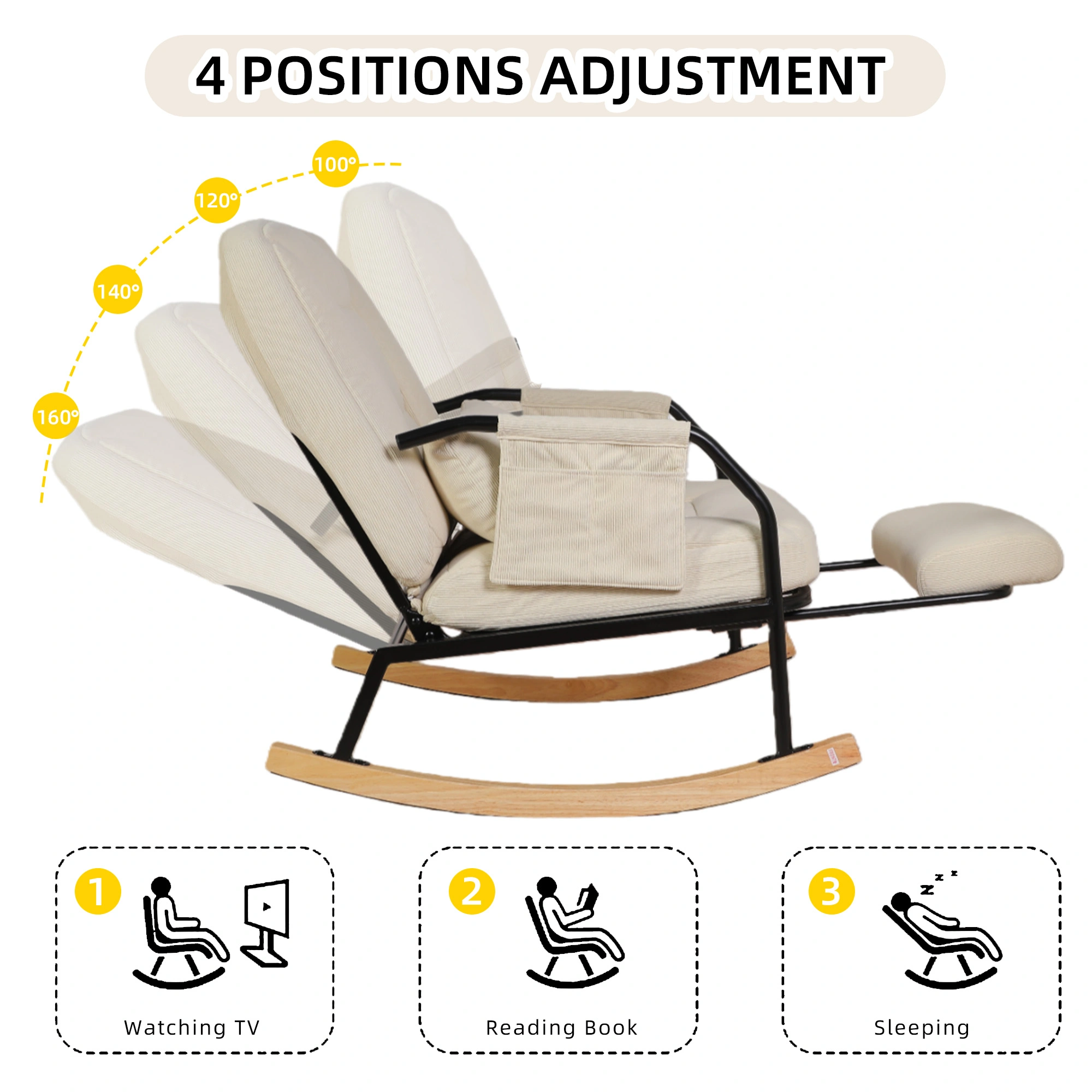Oversized Rocking Chair Glider with Foot Rest, Padded Cushion Adjustable Backrest, Mental Wooden Farm Style for Indoor Outdoor Living Room Balcony, Corduroy, Beige view 5