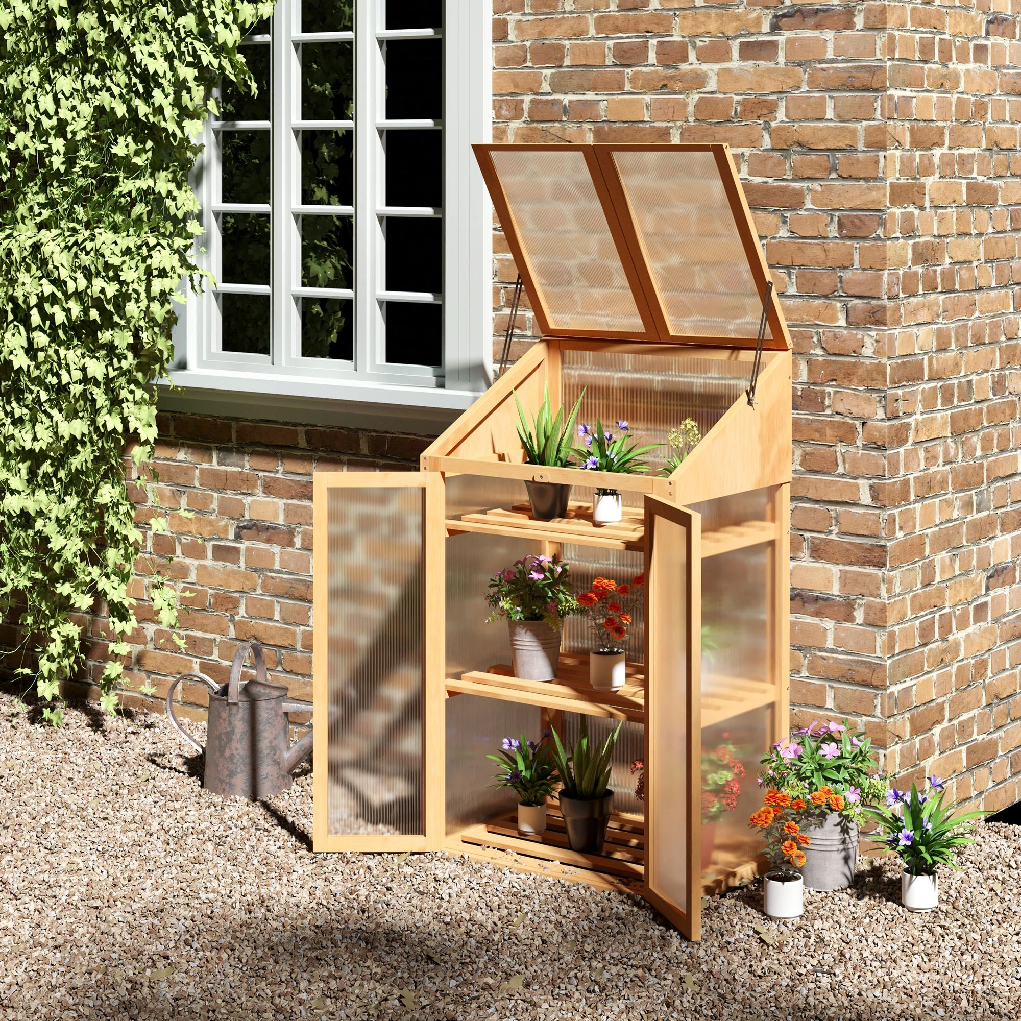 Wooden Cold Frame Greenhouse, 2-Tier Mini DIY Plant Cloche with Ventilated Lid, Frost Protection for Seedlings, Herbs & Small Plants view 3