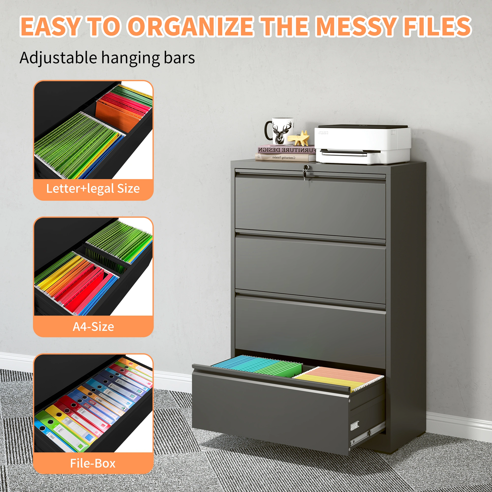 4 Drawer Lateral Filing Cabinet, 35.4" Wide Heavy Duty Metal File Cabinet with Lock, Anti-Tip Interlock, Letter Legal A4, Office Storage view 9